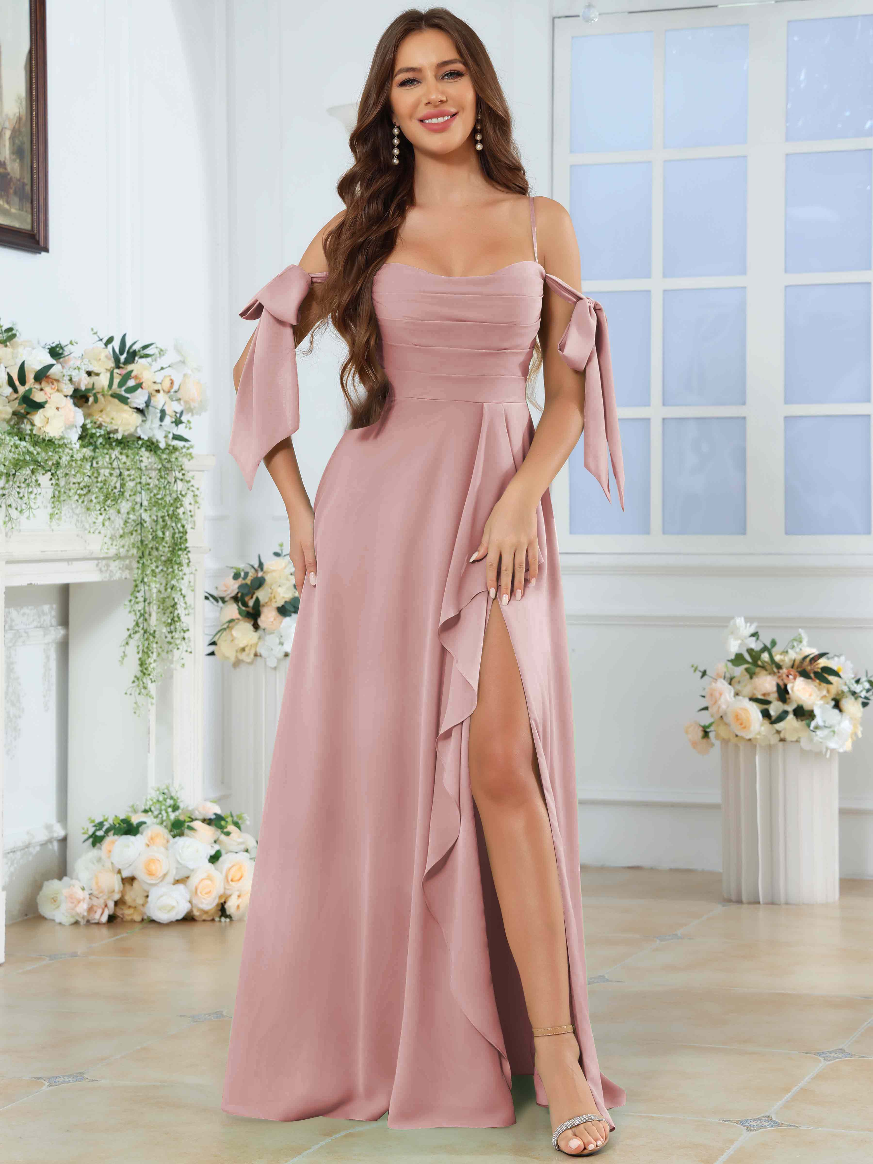 ROVDESY Spaghetti Strap Pleated Ruffle Slit Chiffon Bridesmaid Dress With Bow Sleeves