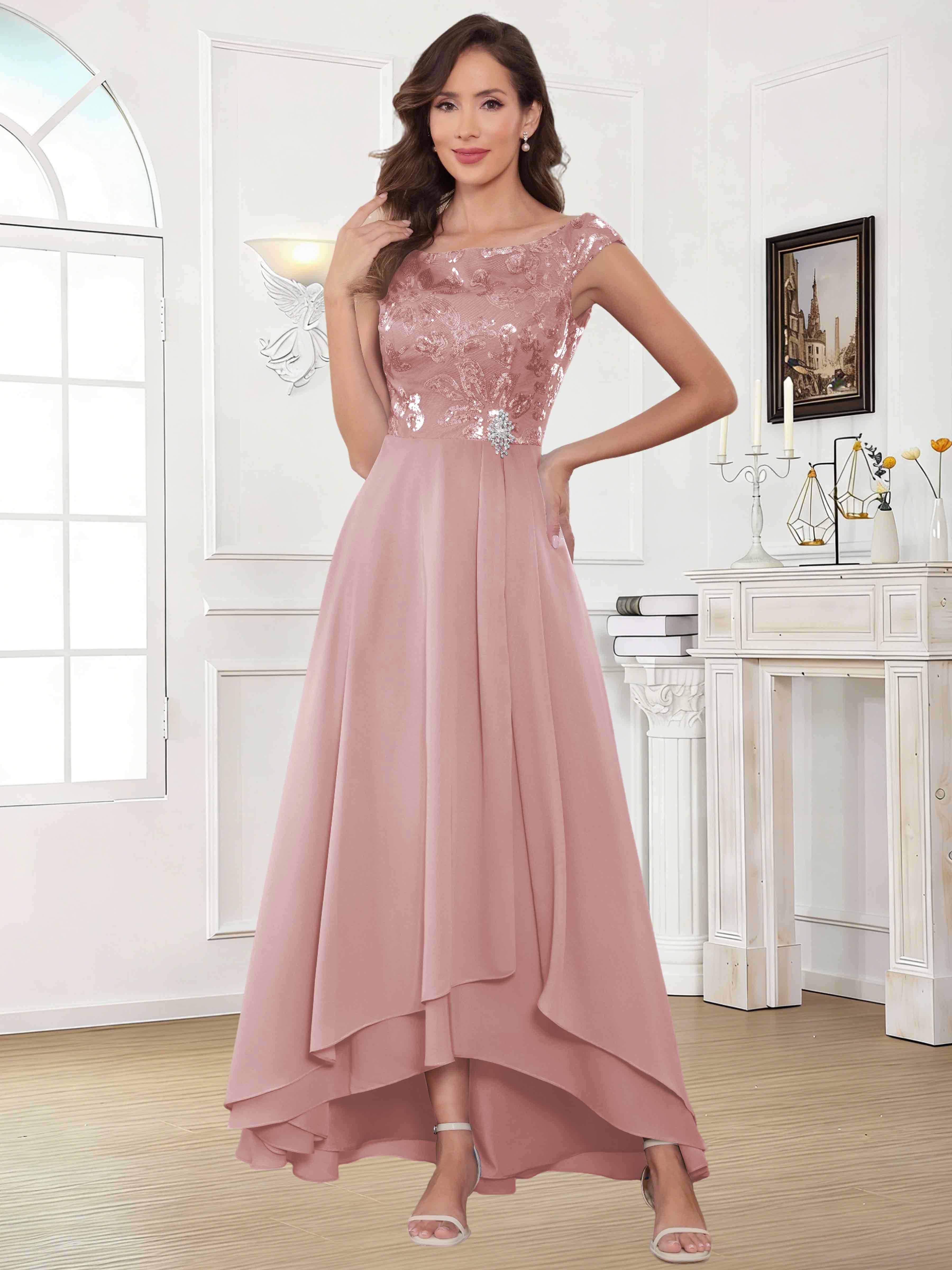 ROVDESY Tea Length Off-The-Shoulder Sequin Chiffon Mother Of The Bride Dress