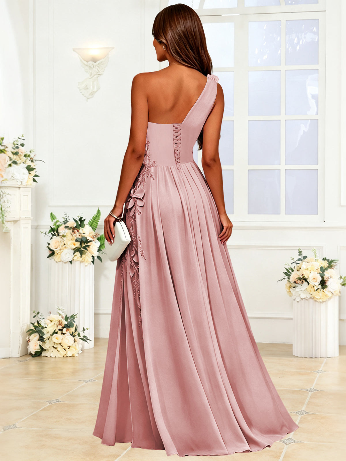 One Shoulder 3D Flower Chiffon Bridesmaid Dress with Slit