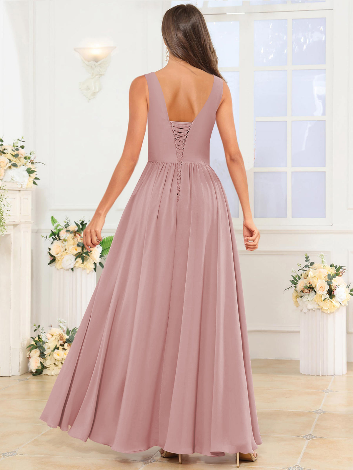 V Neck Chiffon A Line Bridesmaid Dress with Slit