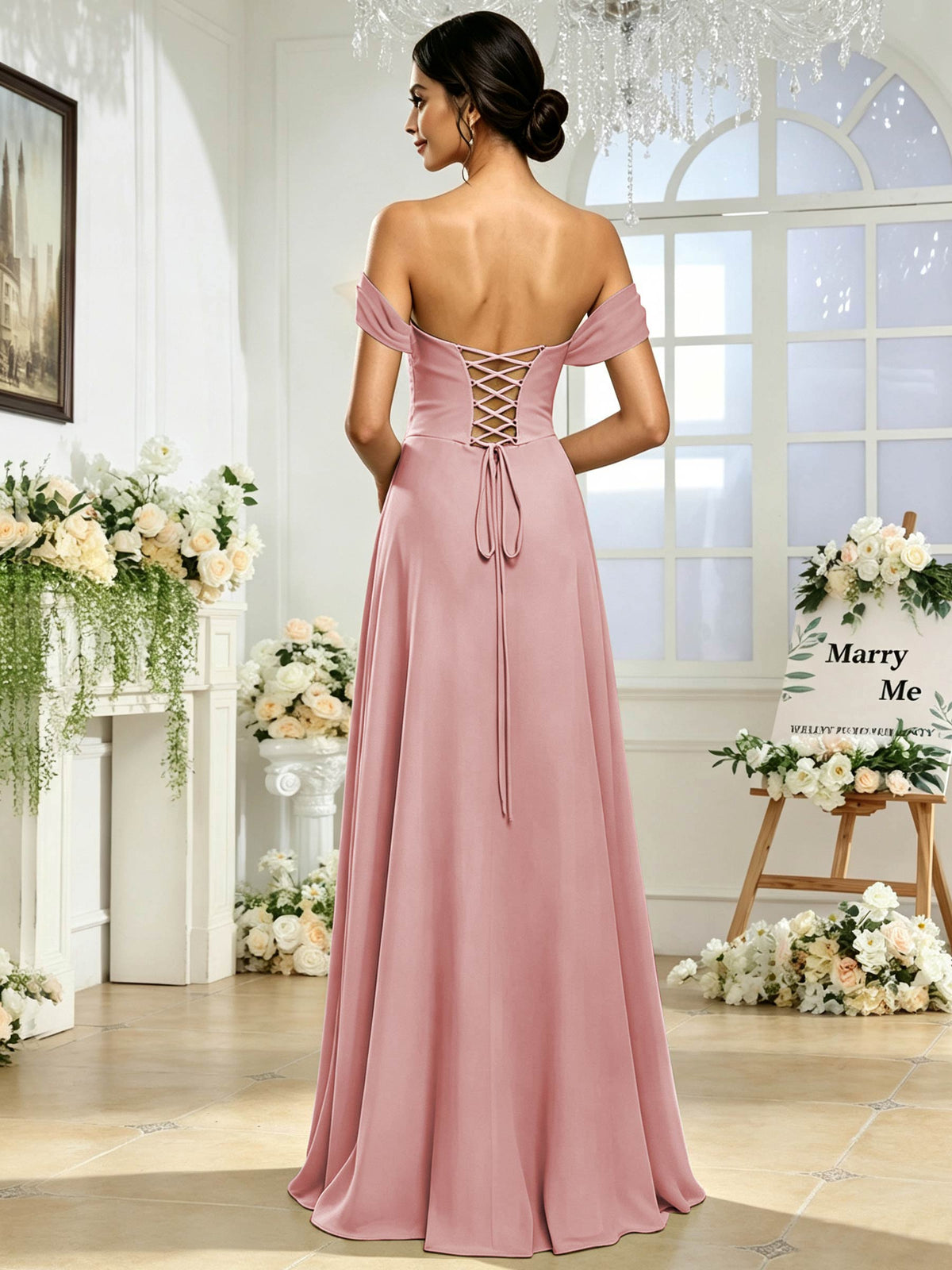 Off the Shoulder Chiffon A Line Long Bridesmaid Dress with Slit