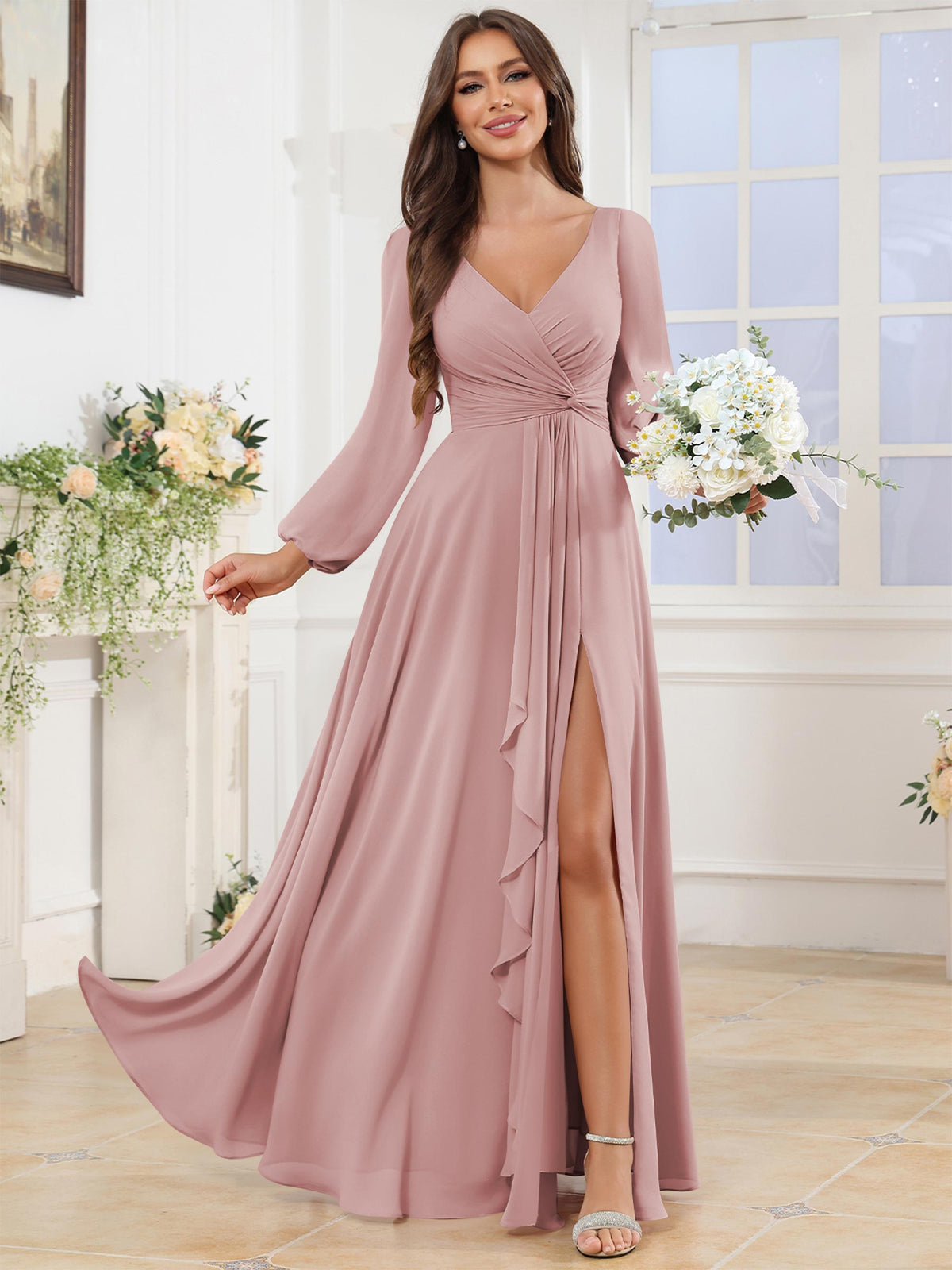 V Neck Chiffon Long Sleeve Bridesmaid Dresses with Slit