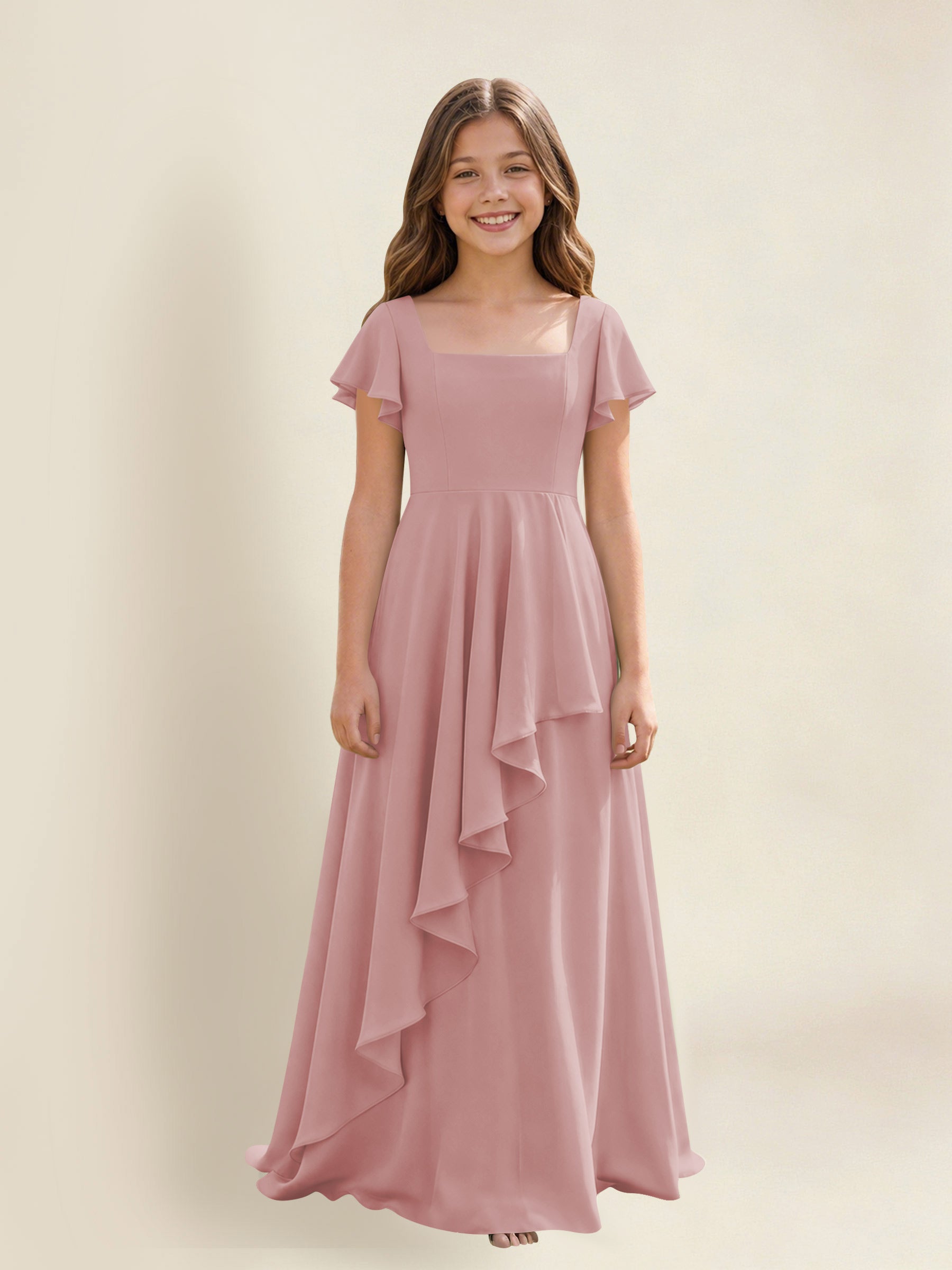 ROVDESY A-Line Square Neck Ruffle Chiffon Junior Bridesmaid Dress With Short Sleeves