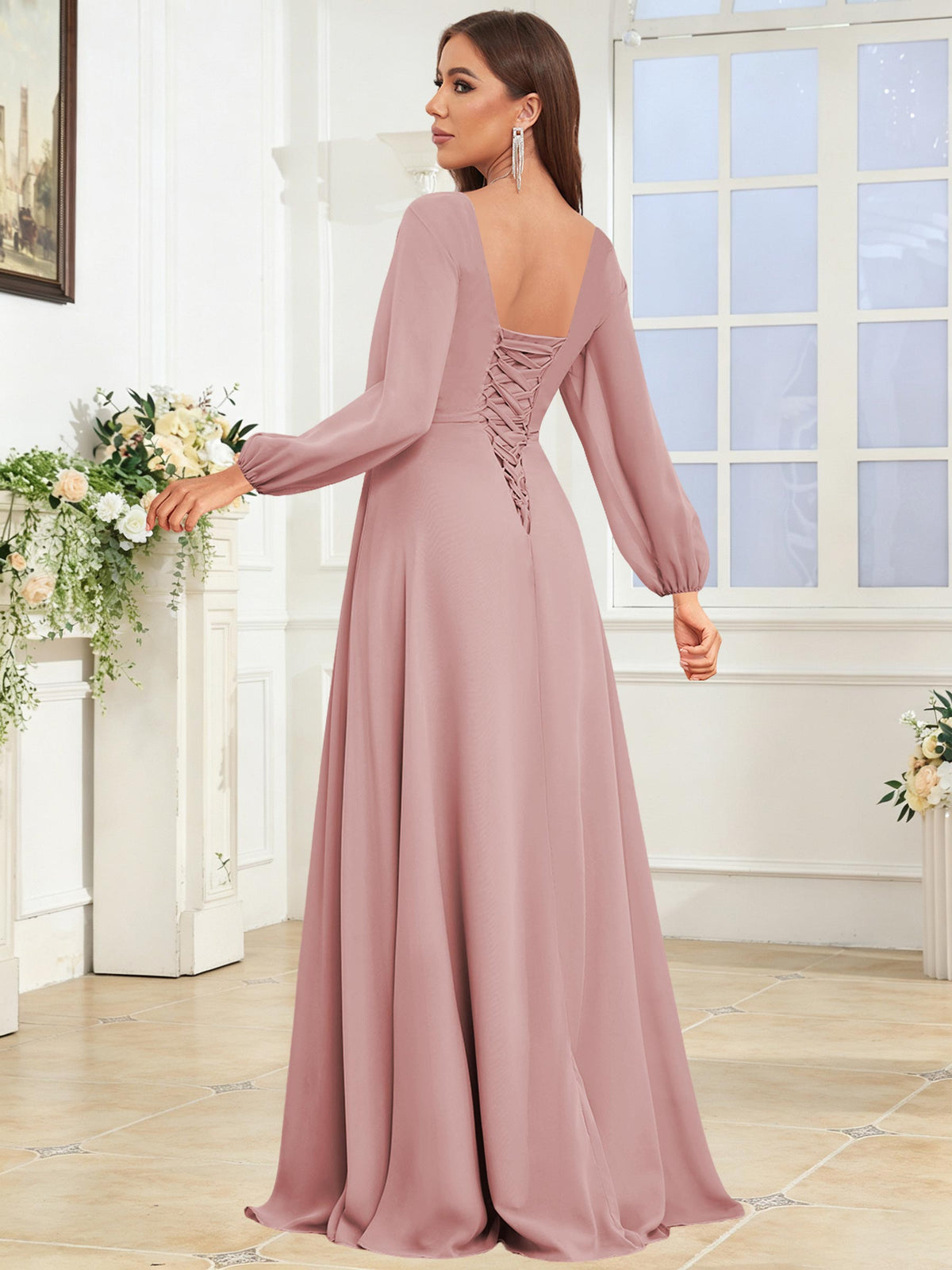 V Neck Chiffon Long Sleeve Bridesmaid Dresses with Slit
