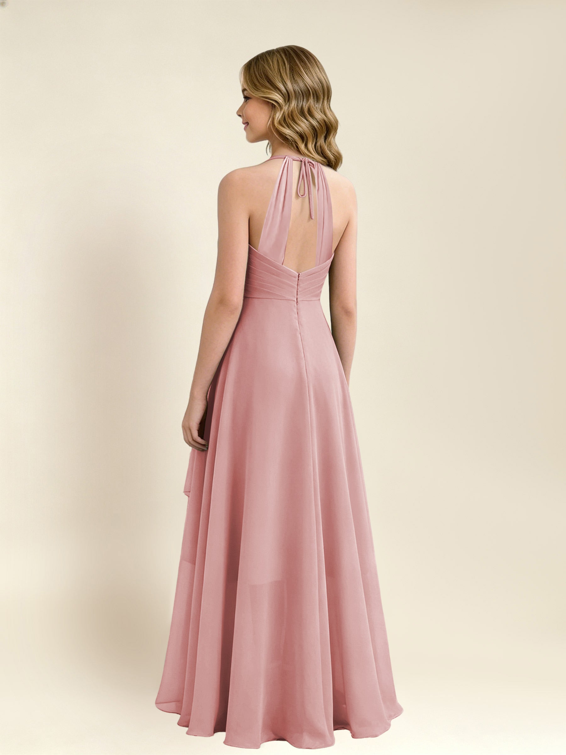 ROVDESY A-Line Halter Pleated Chiffon Junior Bridesmaid Dress