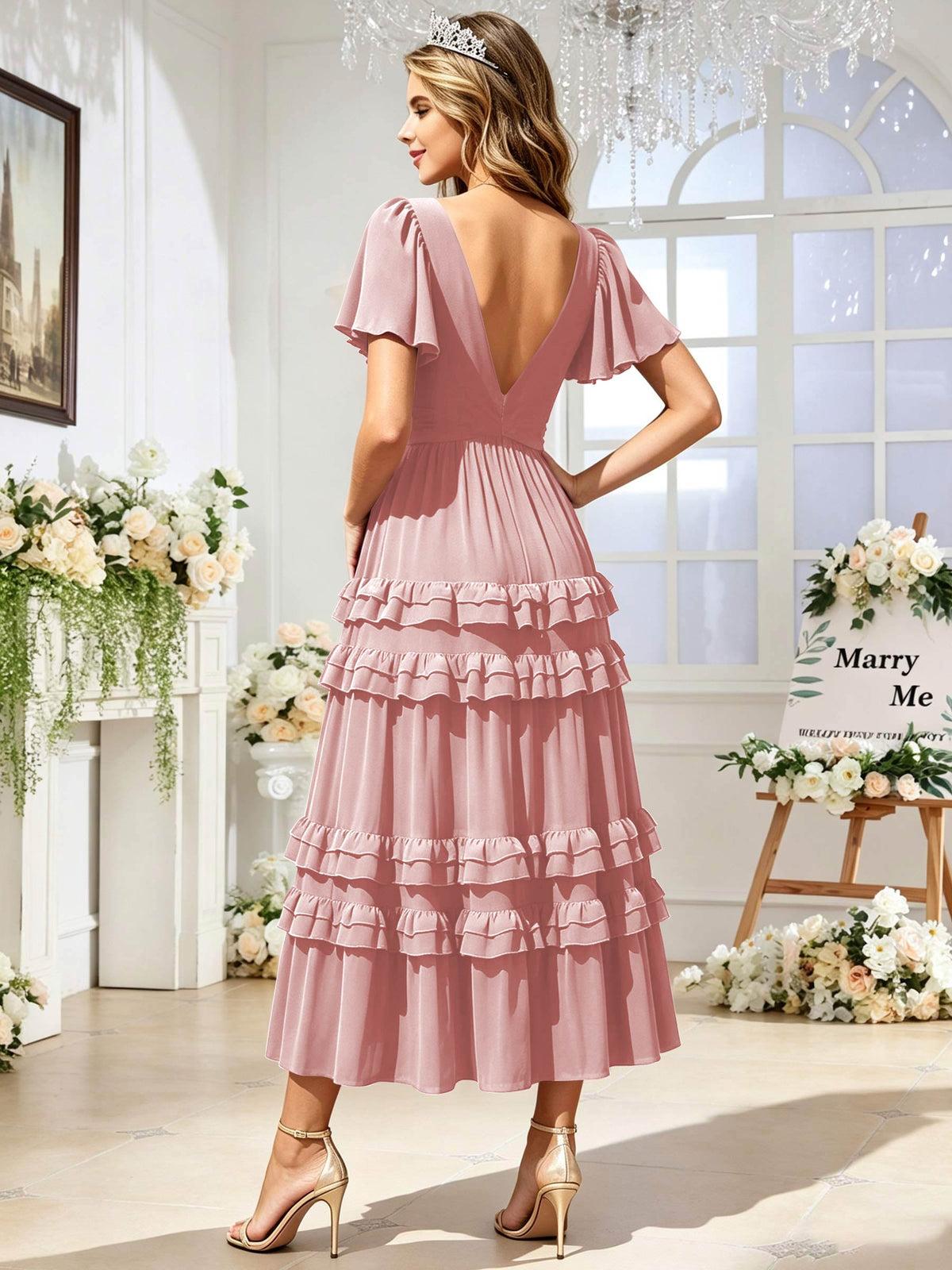 A Line Chiffon Pleated Bridesmaid Dress with Sleeves