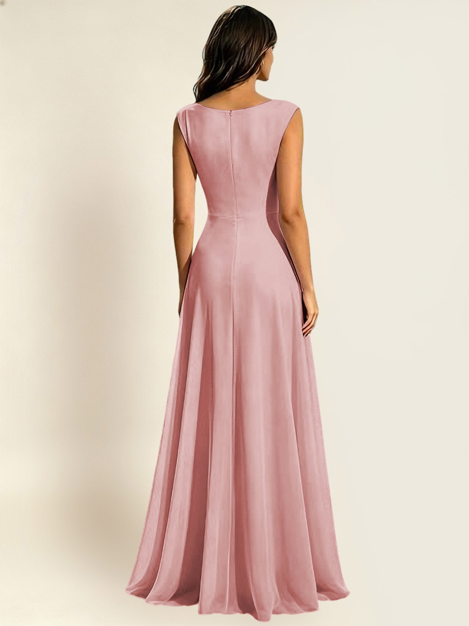 ROVDESY A-Line Chiffon Long Bridesmaid Dress With Sleeveless
