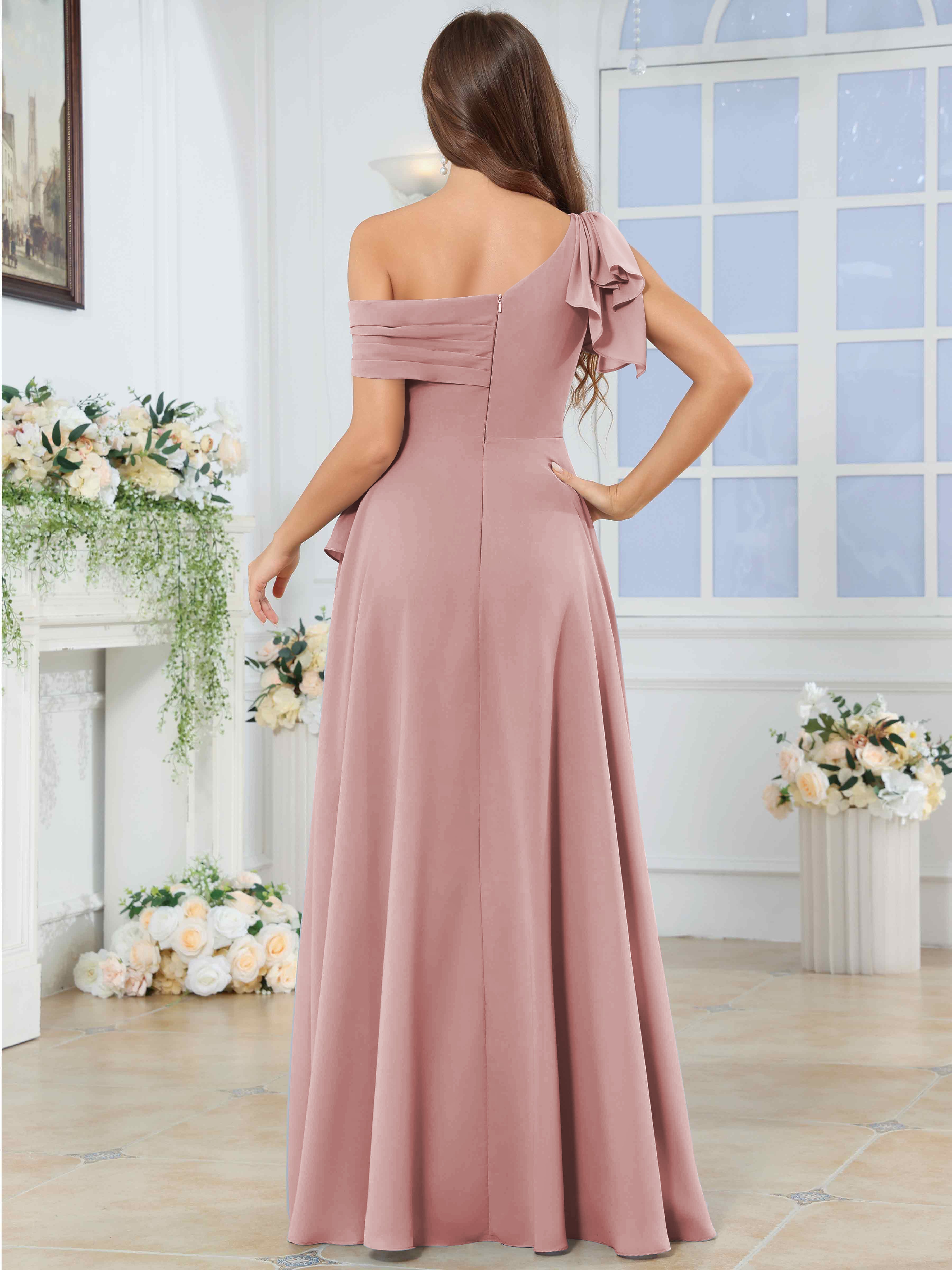 ROVDESY One Shoulder Pleated Ruffle Chiffon Bridesmaid Dress With Slit