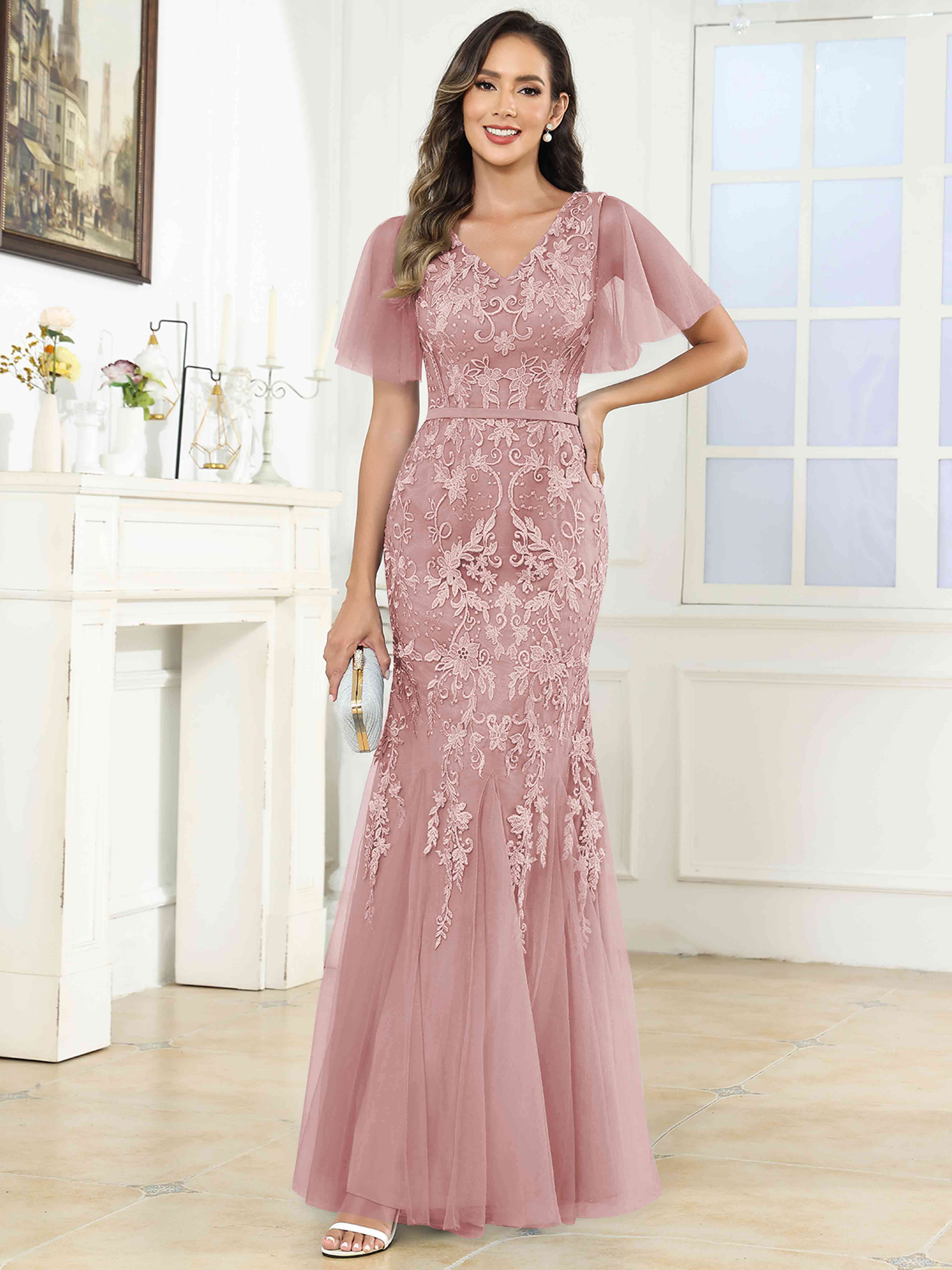 ROVDESY Elegant V-Neck Lace Mermaid Long Mother Of The Bride Dress Formal Gown With Sleeves