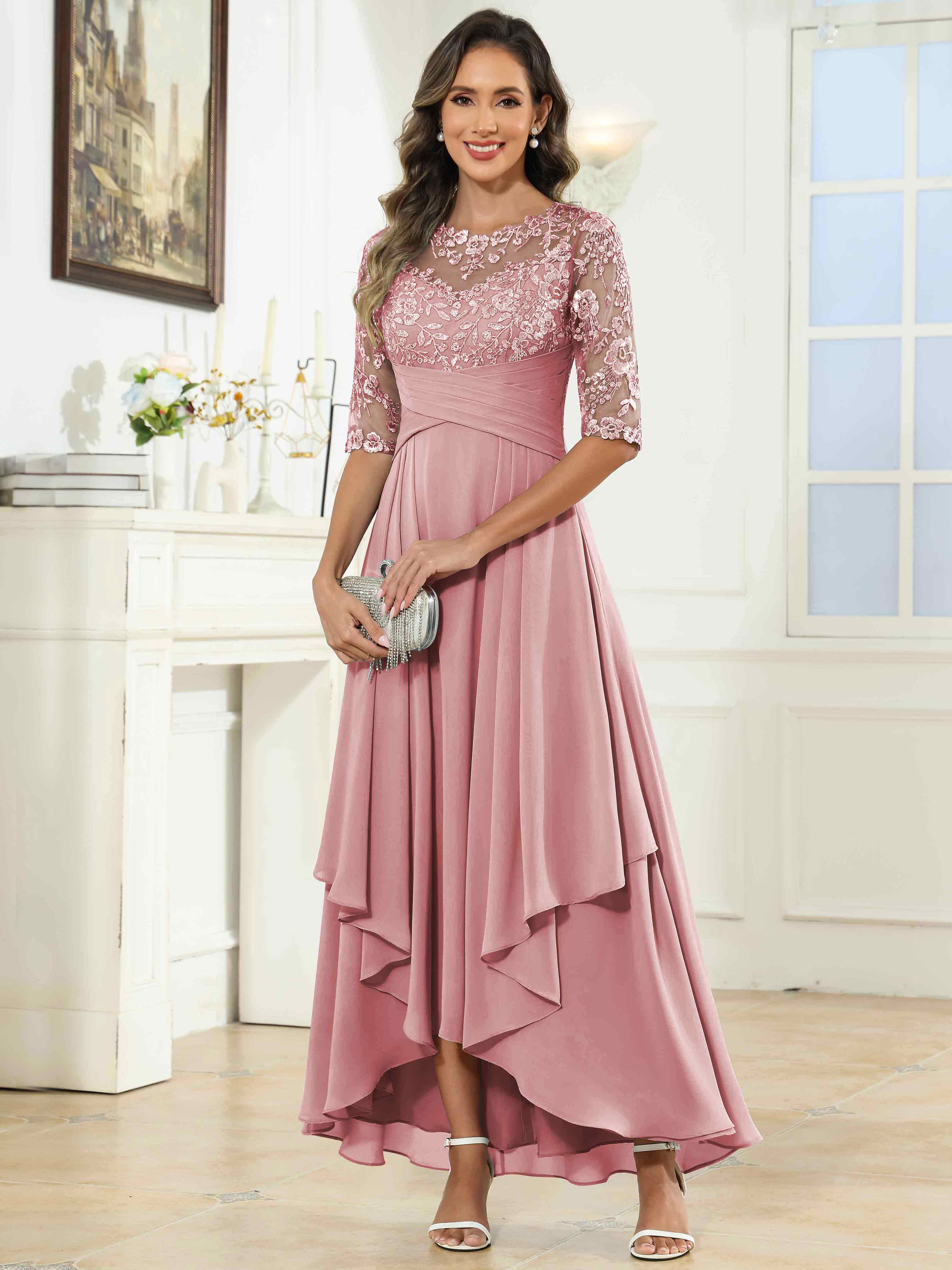ROVDESY Tea Length A-Line Lace Chiffon Mother Of The Bride Dress With Half Sleeves