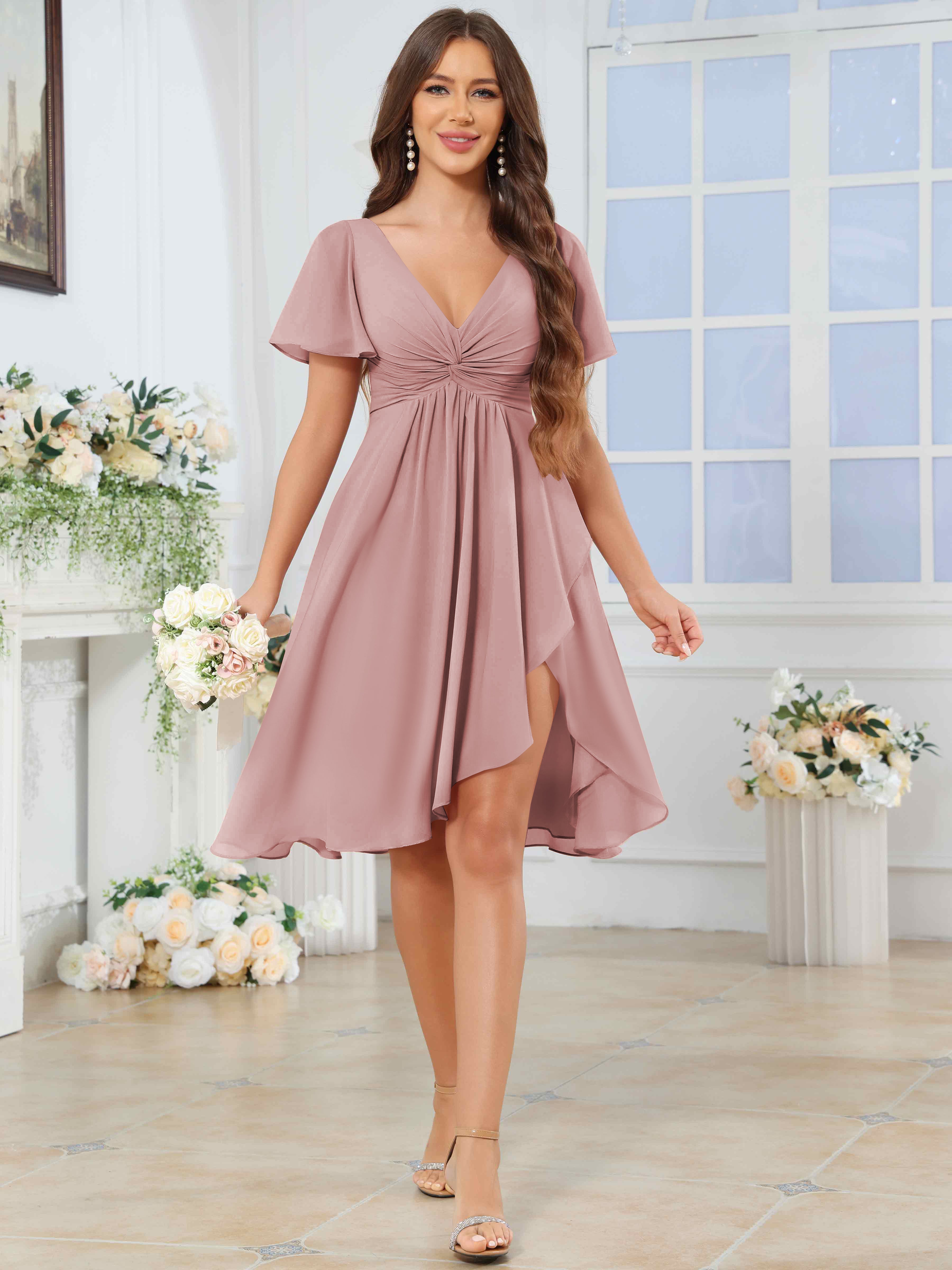 ROVDESY Knee Length V-Neck Pleated Chiffon Bridesmaid Dress With Short Sleeves