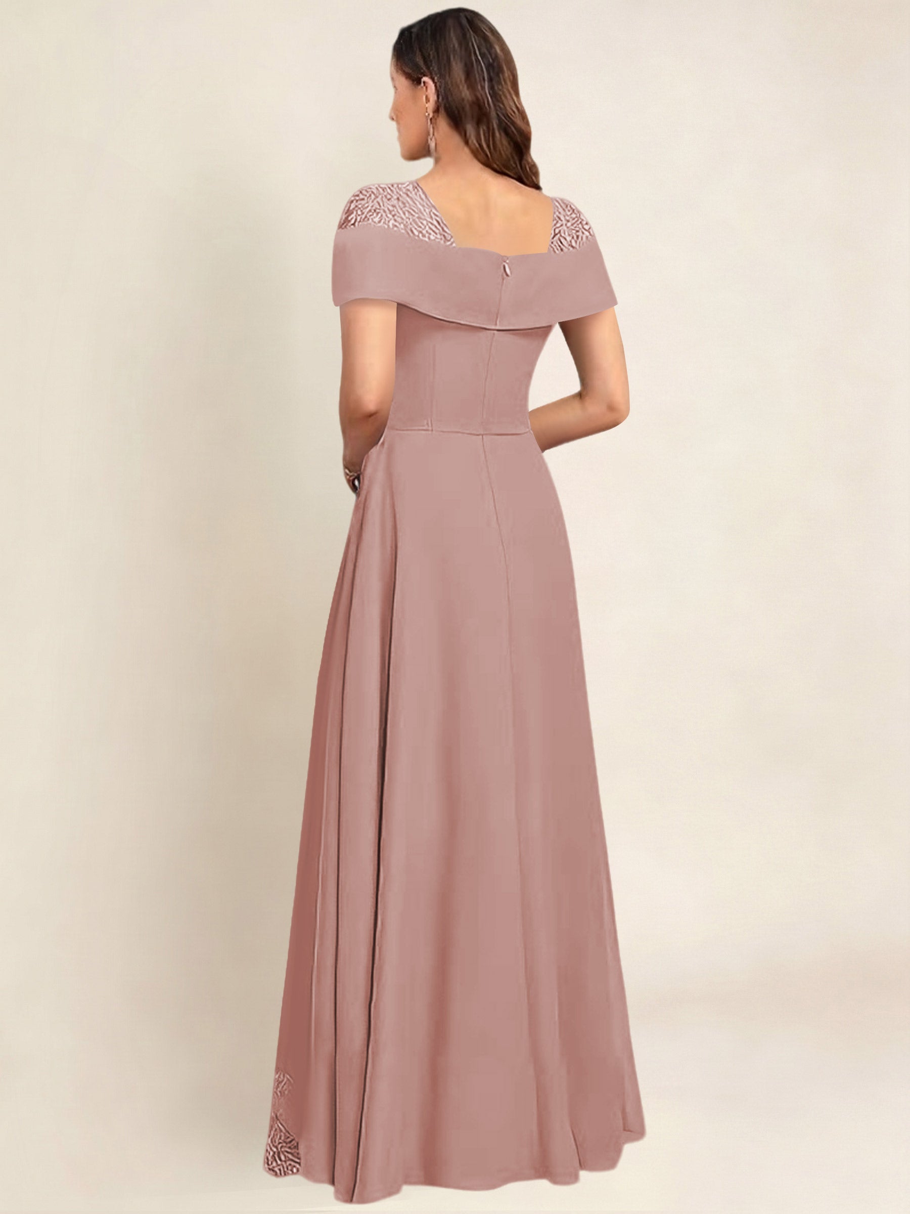 ROVDESY A-Line Off The Shoulder Lace Chiffon Long Mother of the Bride Dress Formal Gown
