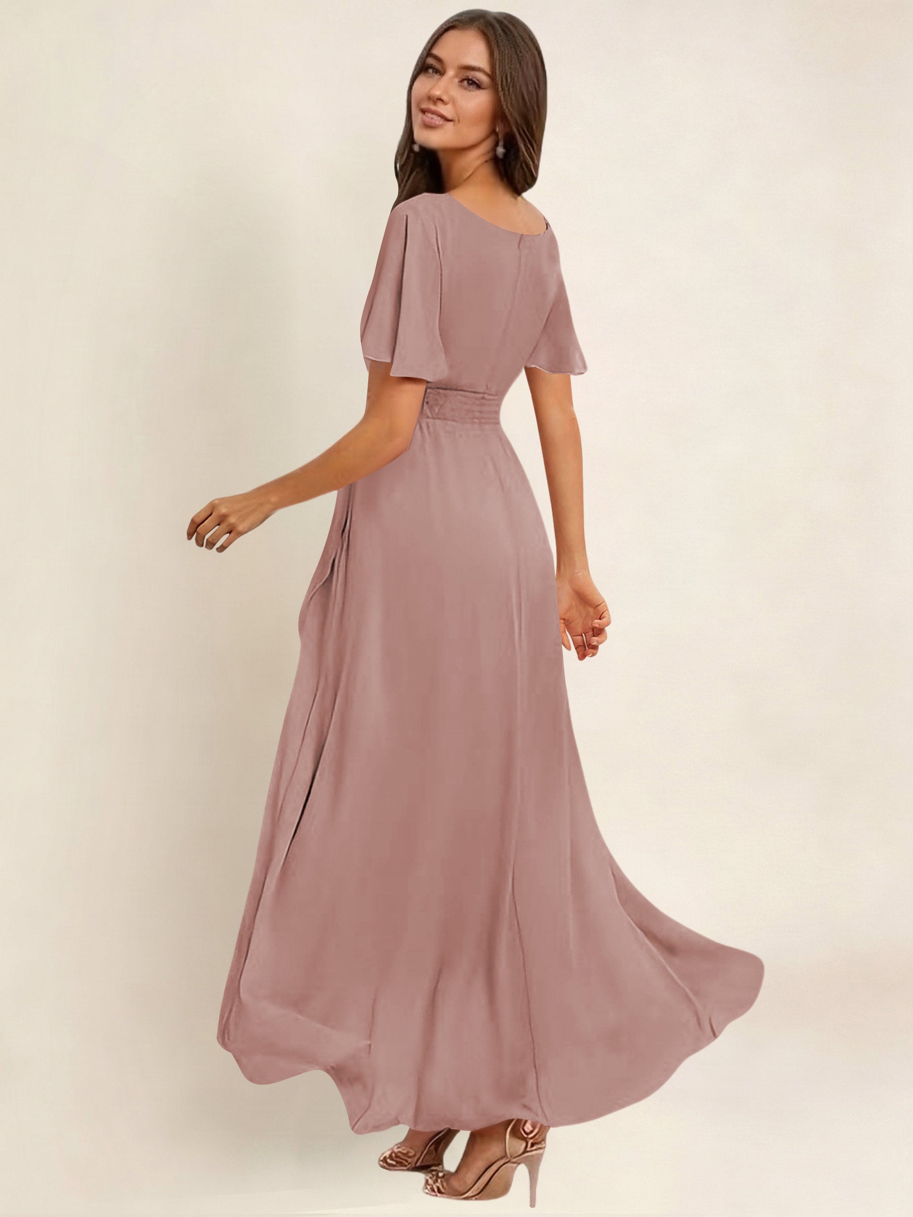 ROVDESY A-Line High Low Round Neck Pleated Ruffle Chiffon Bridesmaid Dress With Short Sleeves