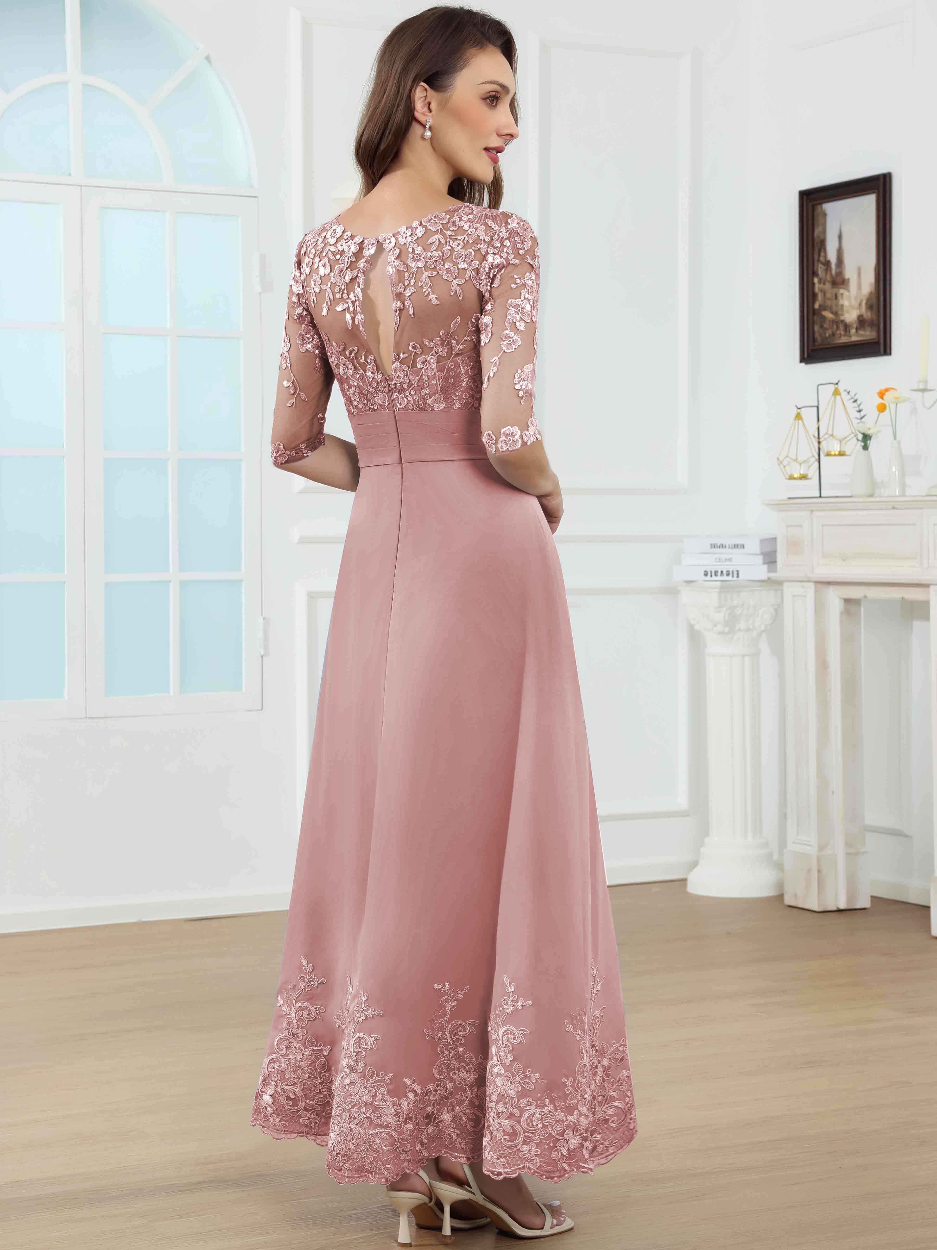 ROVDESY A-Line Lace Sequin Pleated Chiffon Mother Of The Bride Dress With Half Sleeves