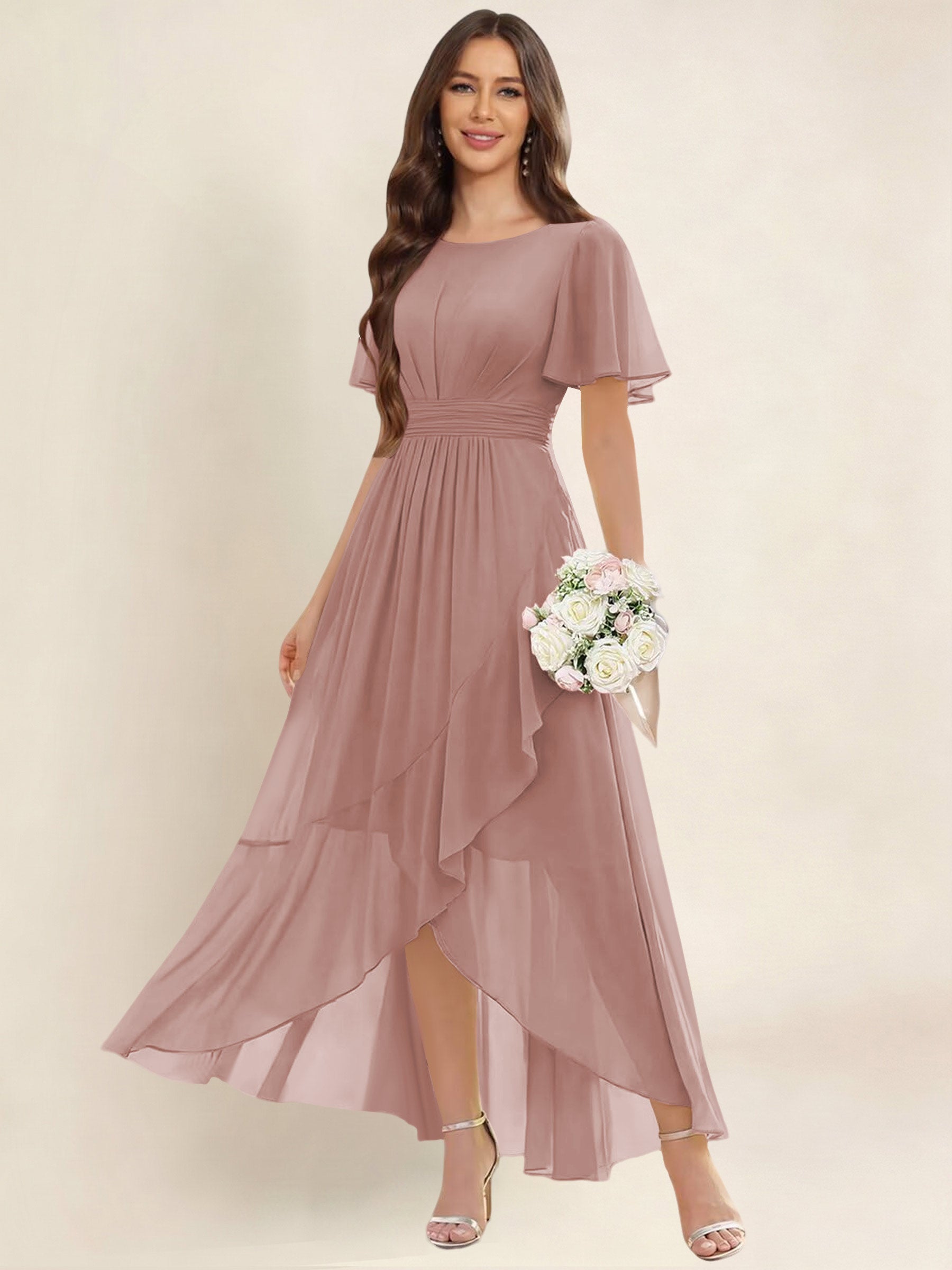 ROVDESY A-Line High Low Round Neck Pleated Ruffle Chiffon Bridesmaid Dress With Short Sleeves