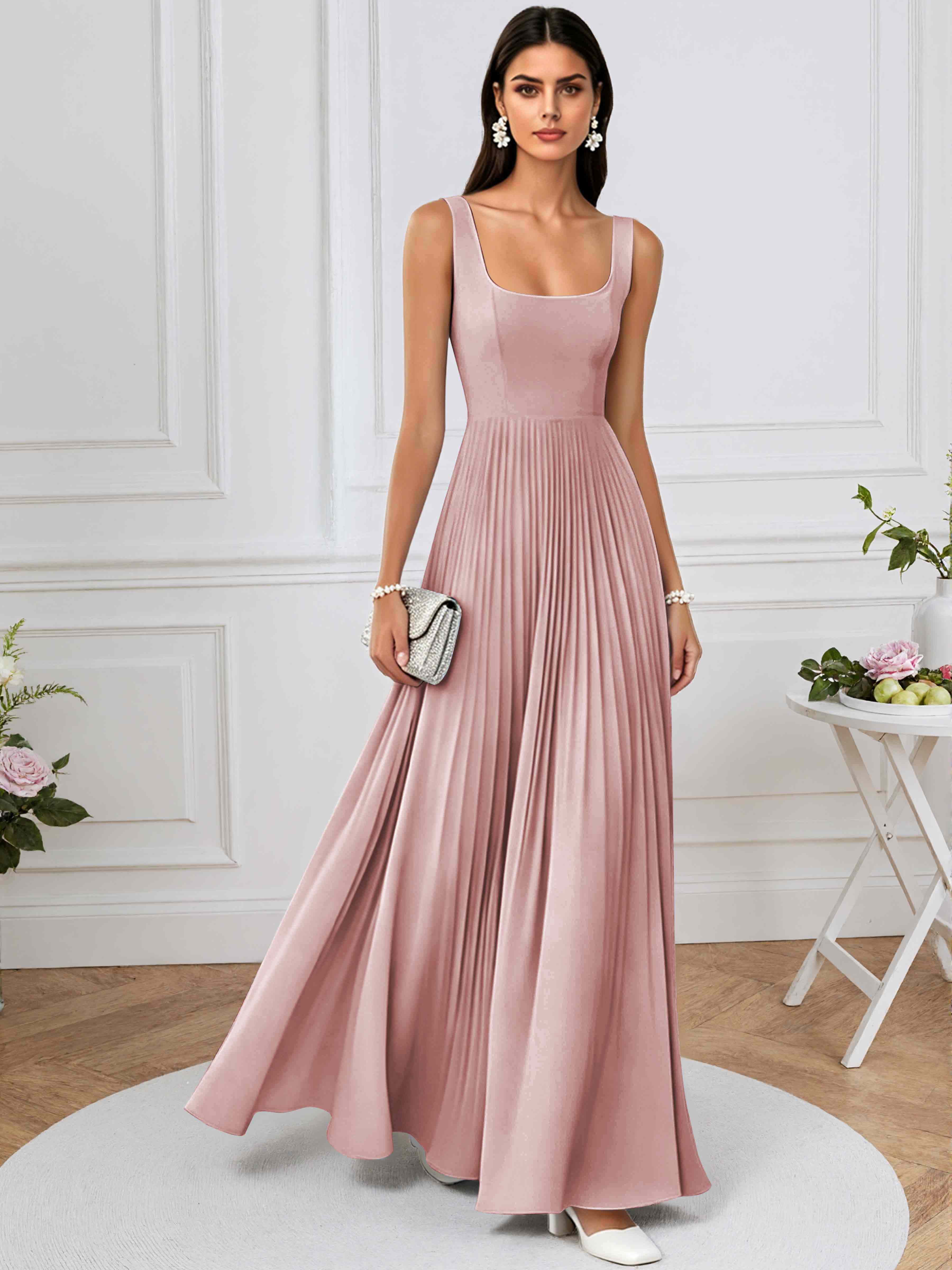 ROVDESY A-Line Square Neck Pleated Chiffon Long Bridesmaid/Prom Dress