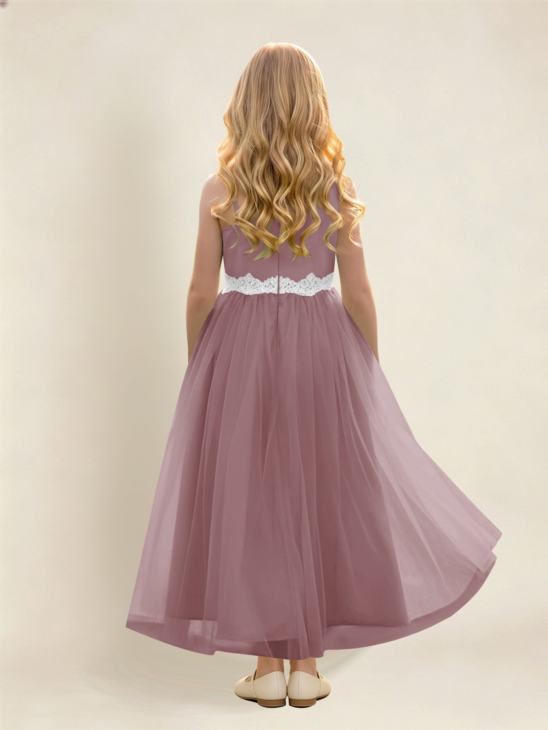 ROVDESY Asymmetric One Shoulder  Satin  Tulle Junior Bridesmaid Dress
