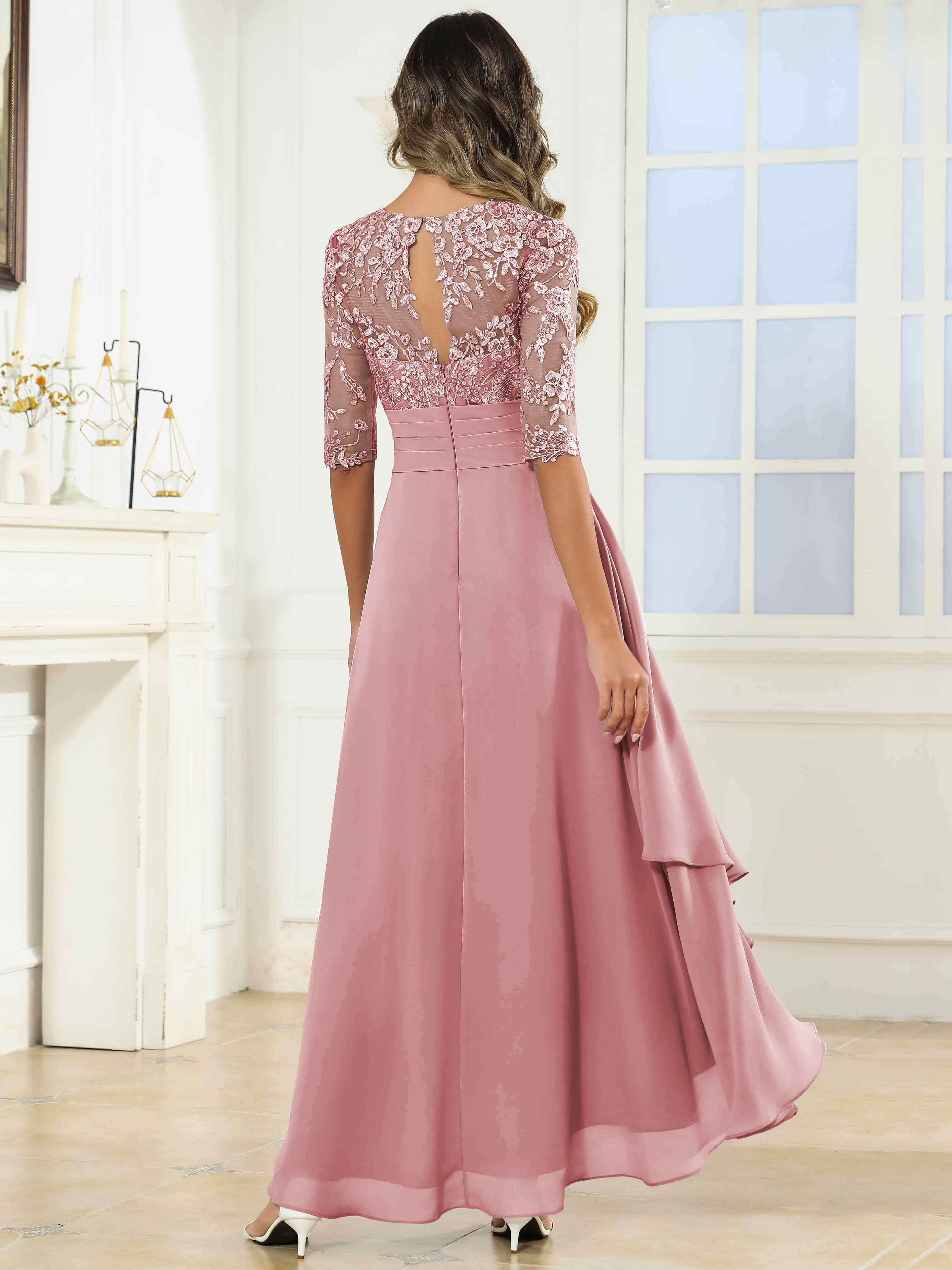 ROVDESY Tea Length A-Line Lace Chiffon Mother Of The Bride Dress With Half Sleeves