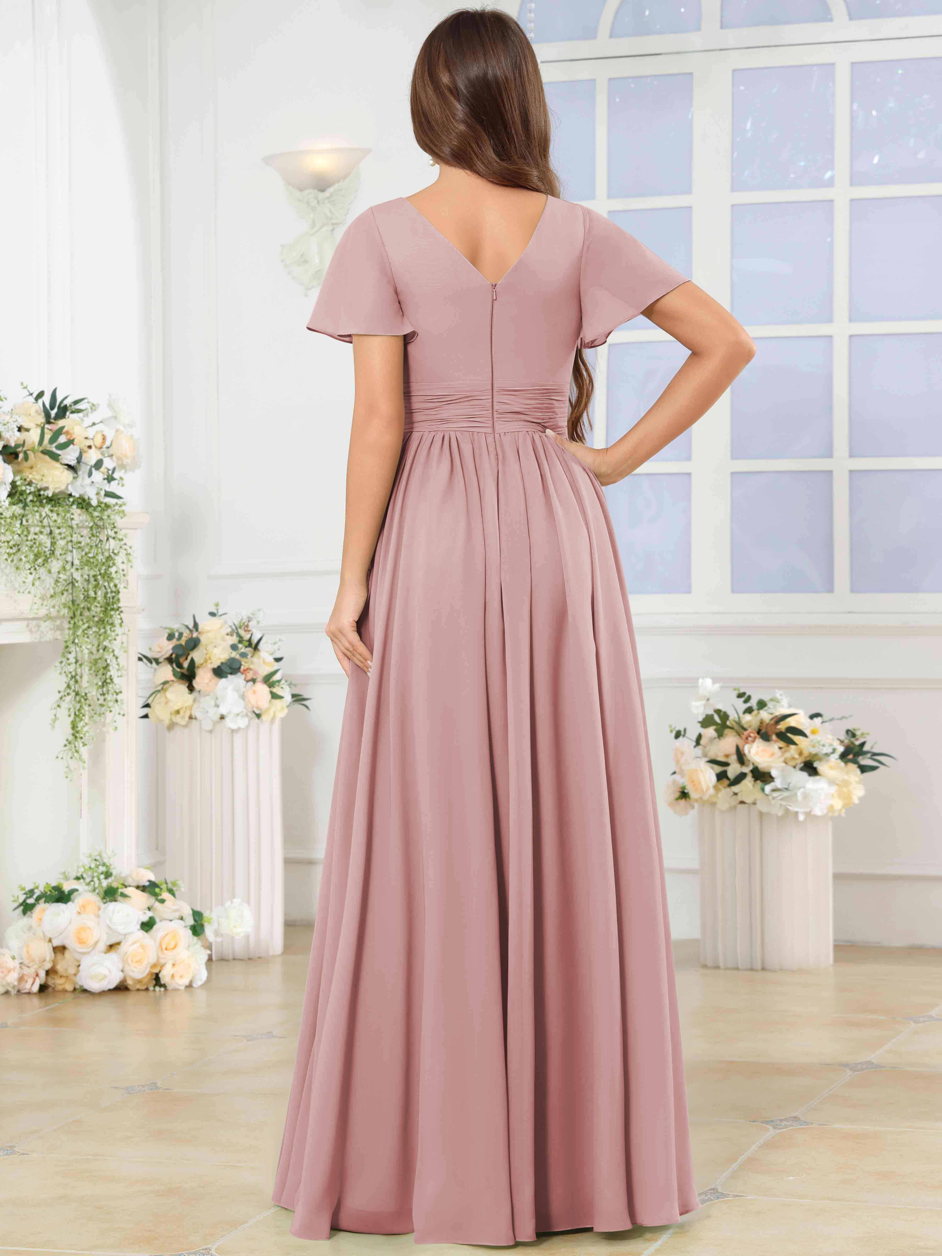 ROVDESY A-Line V-Neck Slit Pleated Ruffle Chiffon Bridesmaid Dress With Short Sleeves