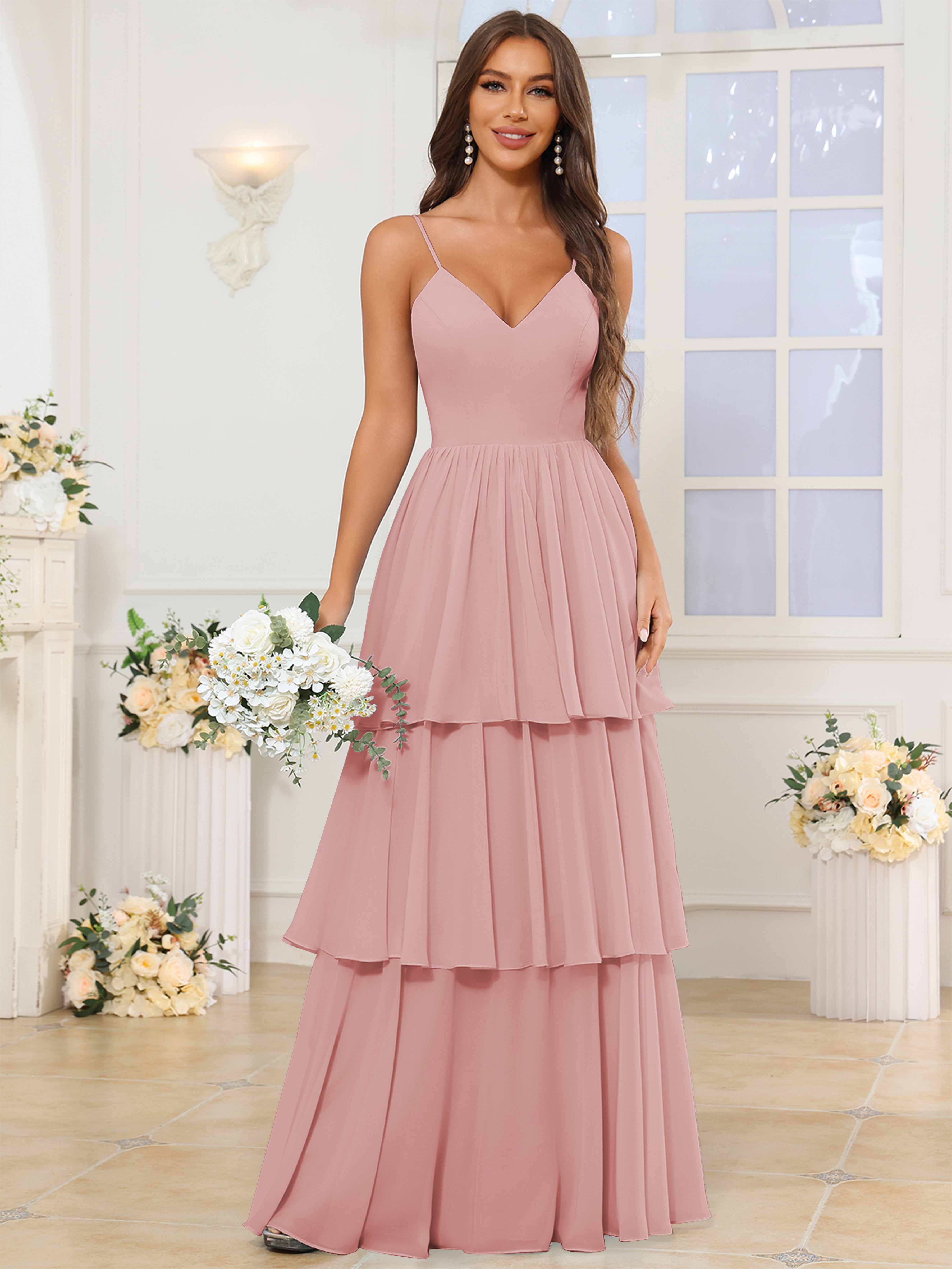 ROVDESY V-Neck Spaghetti Straps Tiered Chiffon Bridesmaid Dress With Ruffles