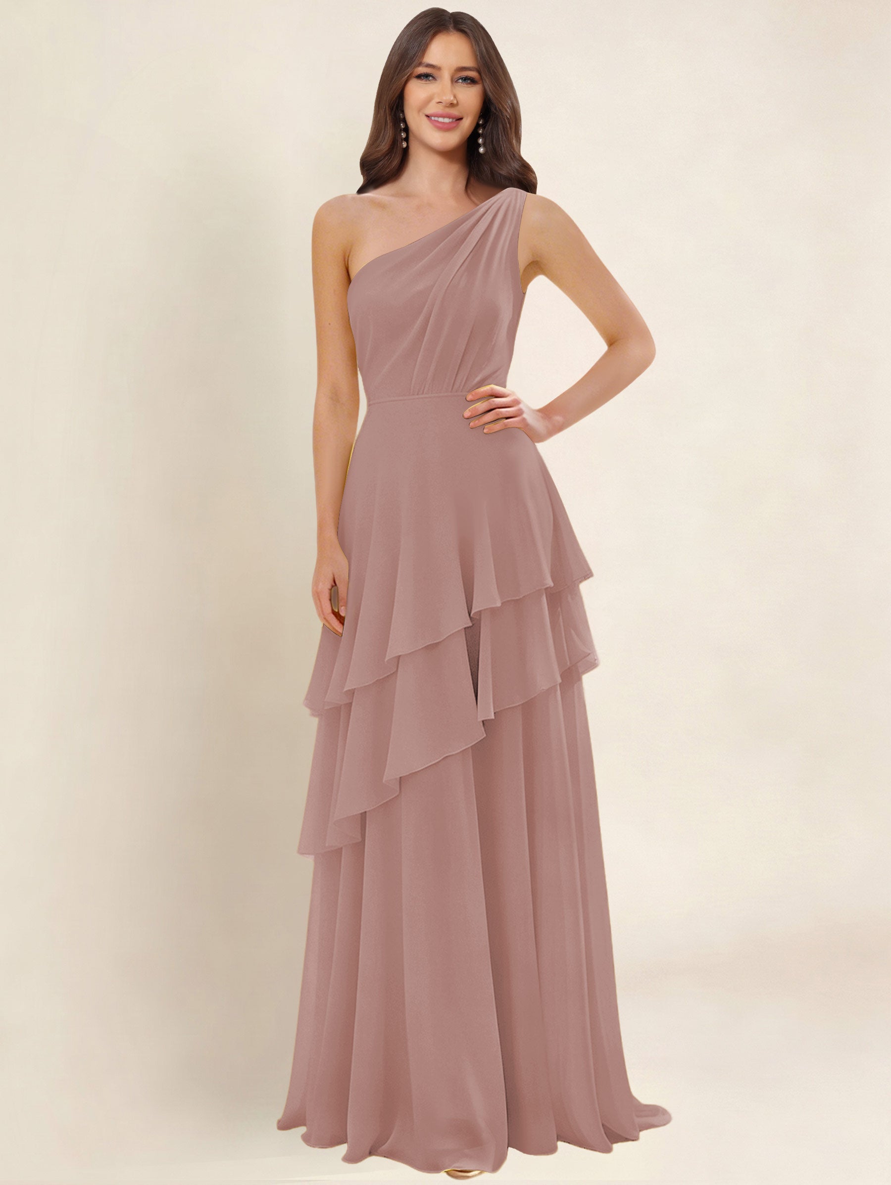 ROVDESY A-Line One Shoulder Pleated Tiered Chiffon Bridesmaid Dress