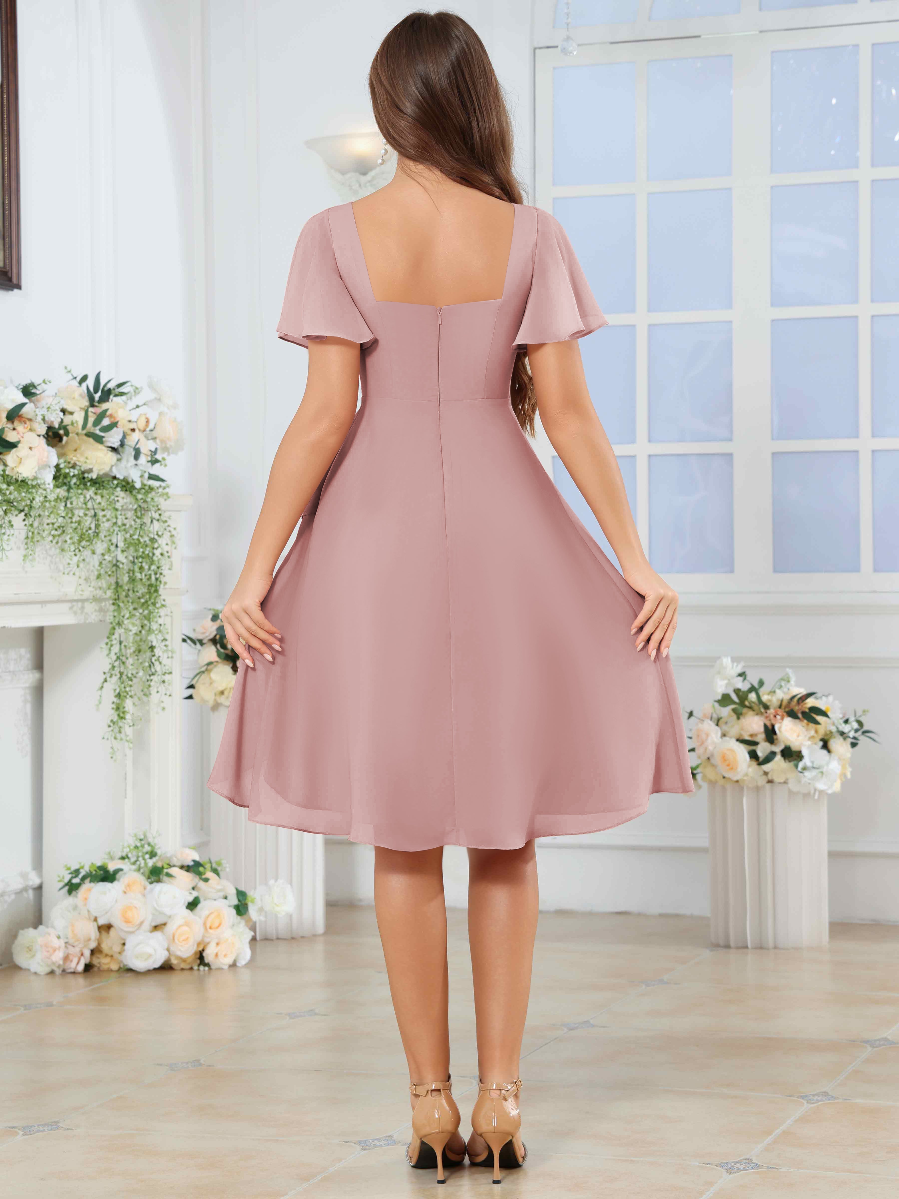 ROVDESY Knee Length V-Neck Pleated Chiffon Bridesmaid Dress With Short Sleeves