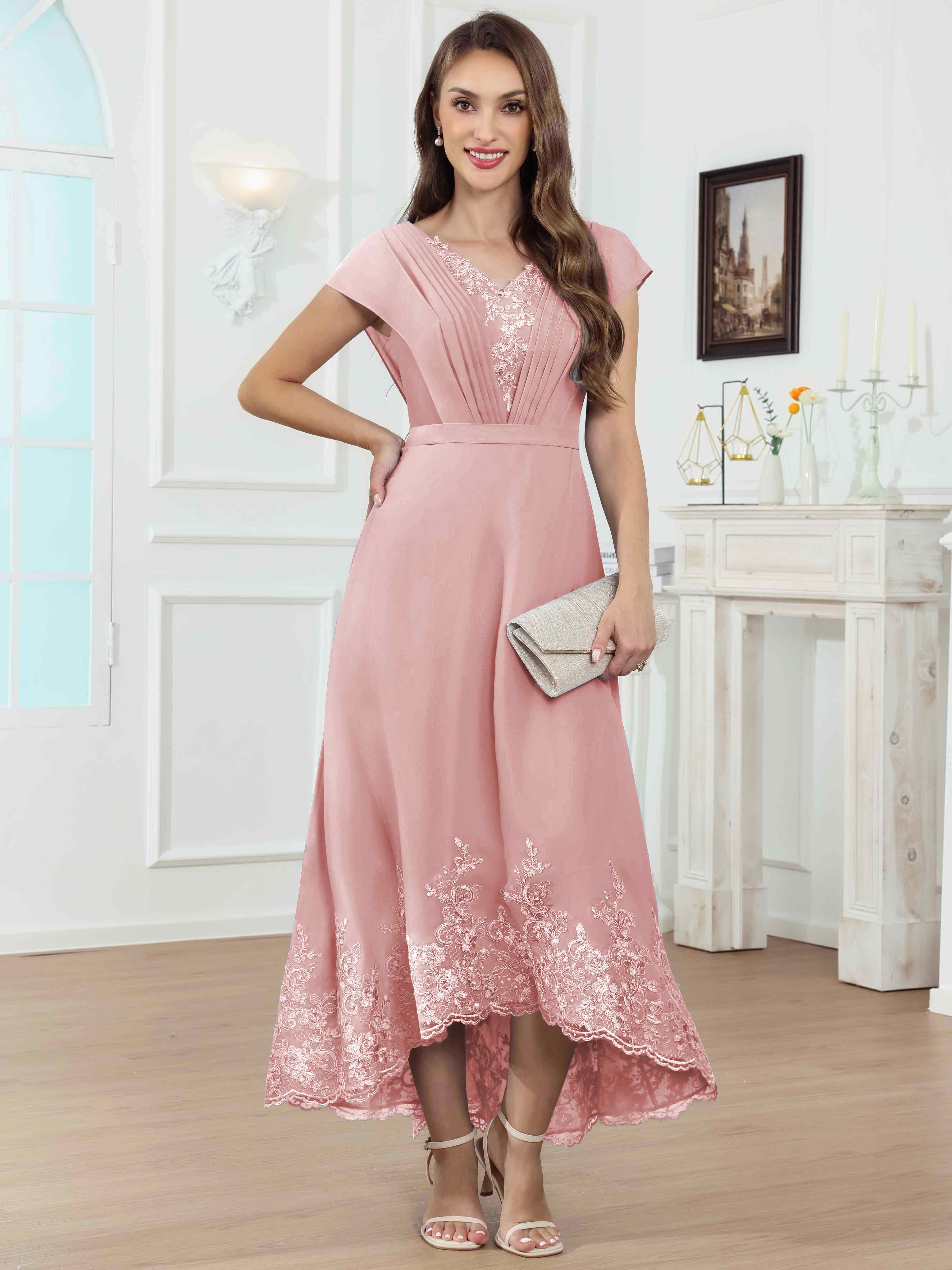 ROVDESY Tea Length High-Low V-Neck Ruched Lace Chiffon Mother of The Bride Dress for Women