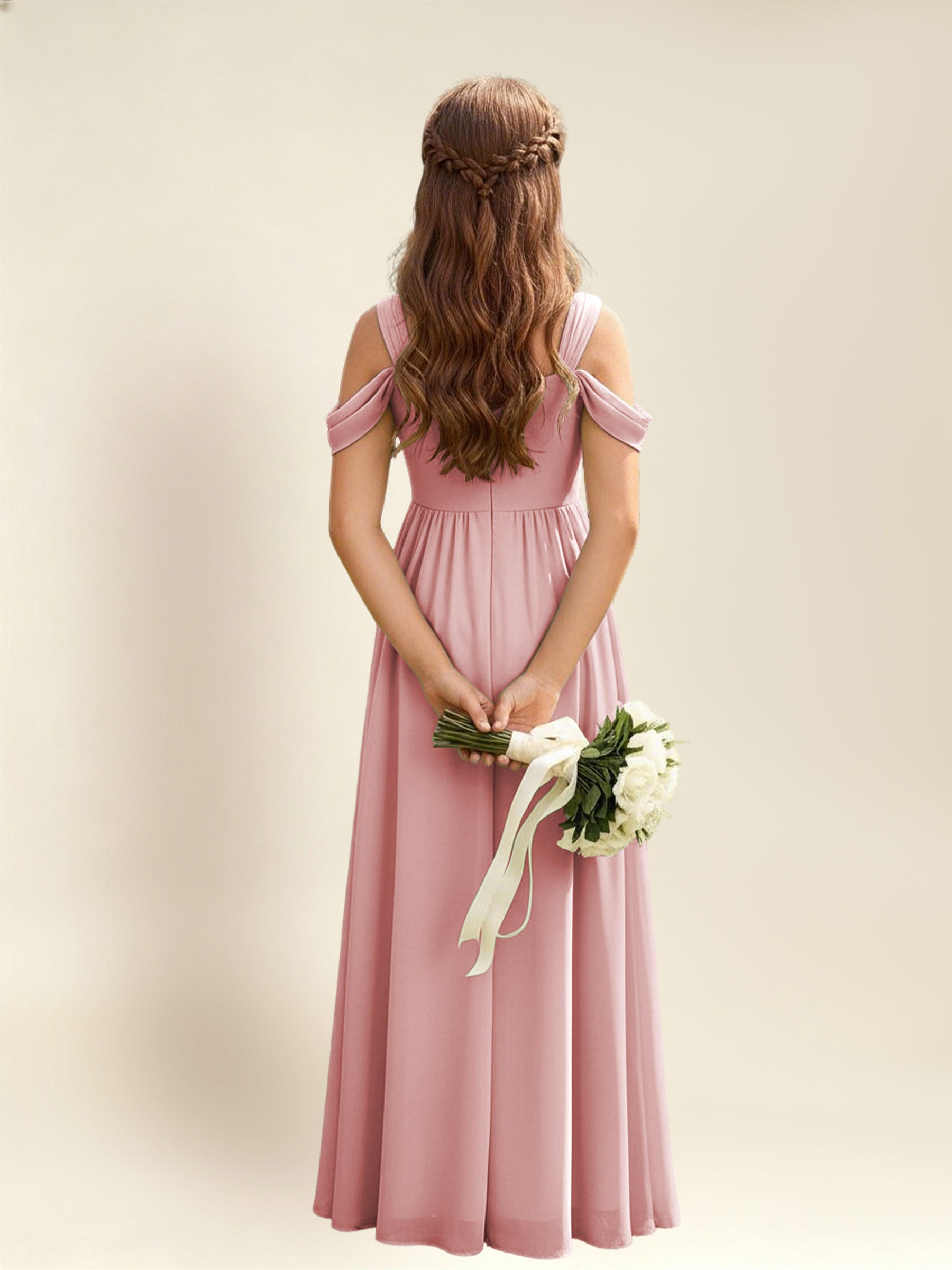 ROVDESY A-Line Off The Shoulder Pleated Chiffon Junior Bridesmaid Dress