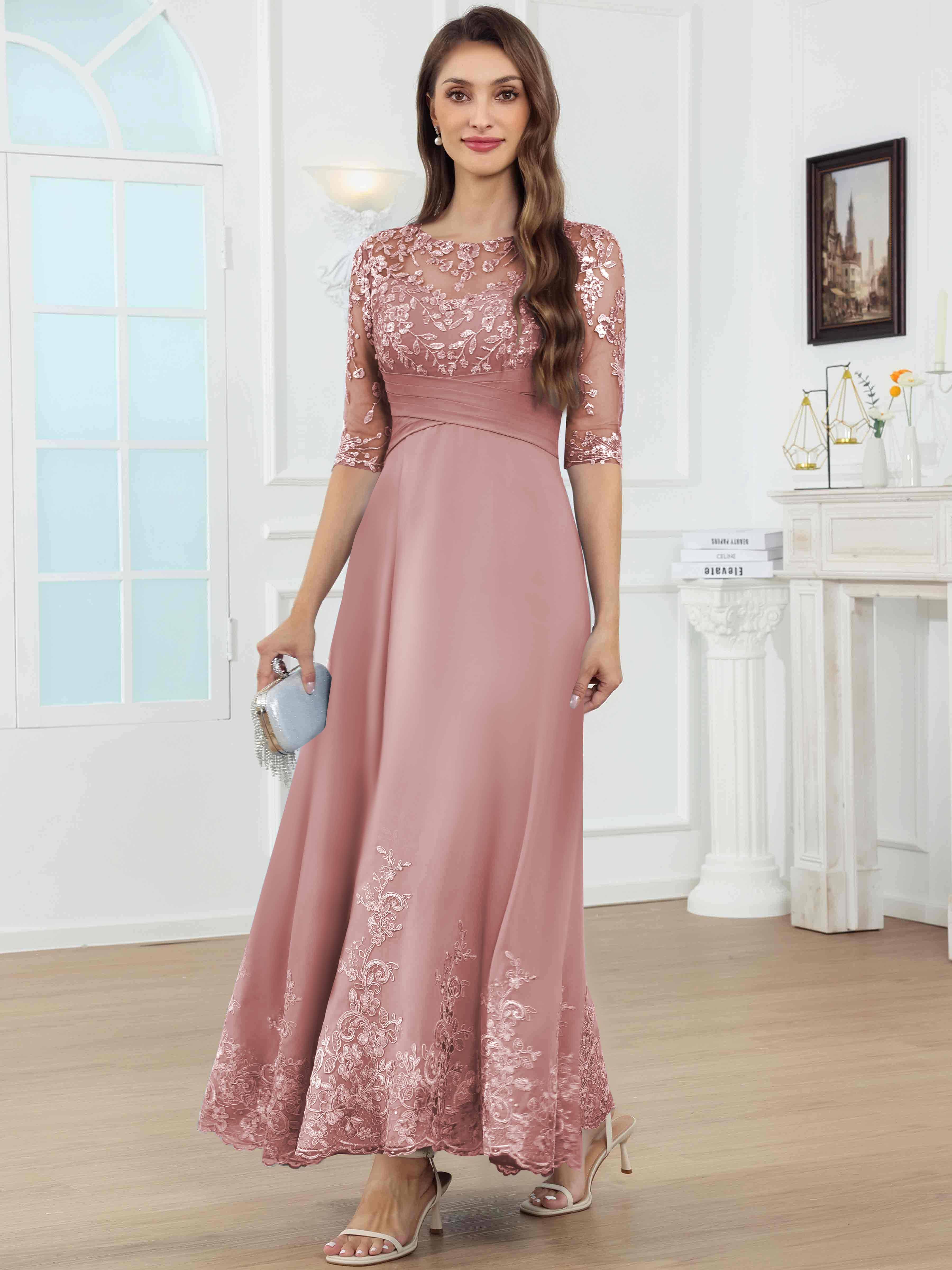 ROVDESY A-Line Lace Sequin Pleated Chiffon Mother Of The Bride Dress With Half Sleeves
