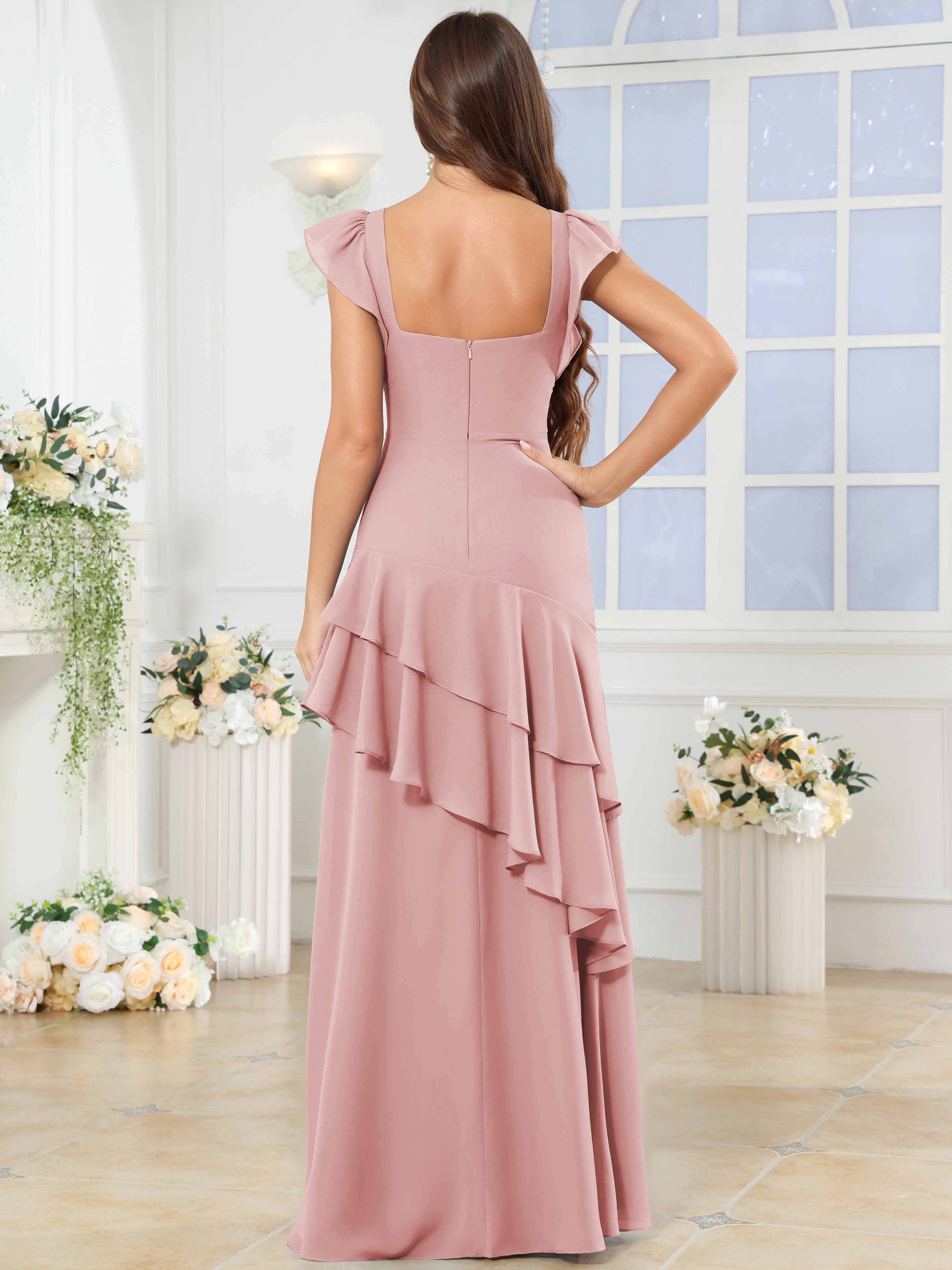 ROVDESY Sweetheart Tiered Ruffle Chiffon Bridesmaid Dress With Short Sleeves