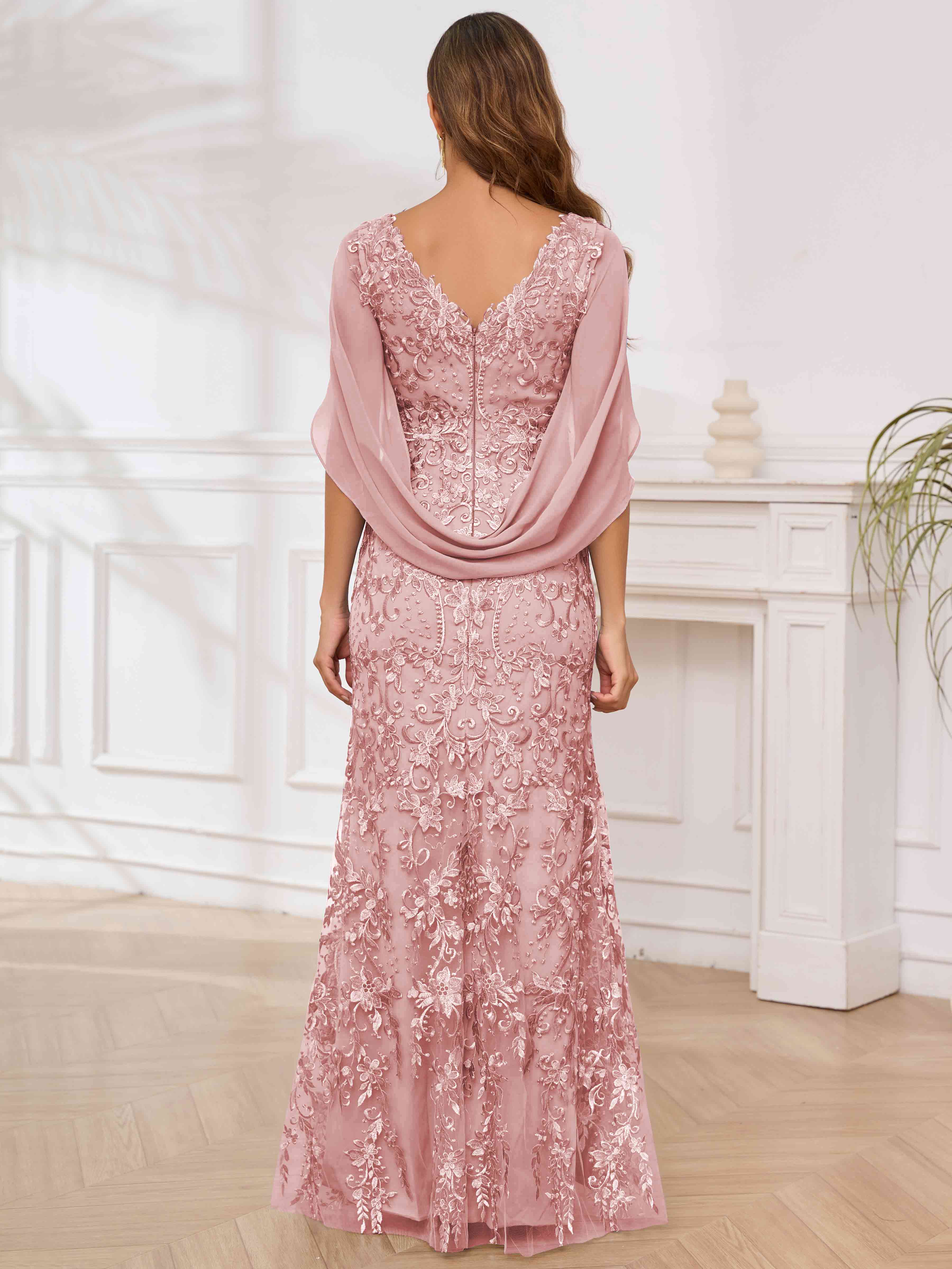 ROVDESY V-Neck Lace Mermaid Mother Of The Bride Dress With Cape Sleeves Long Formal Gown