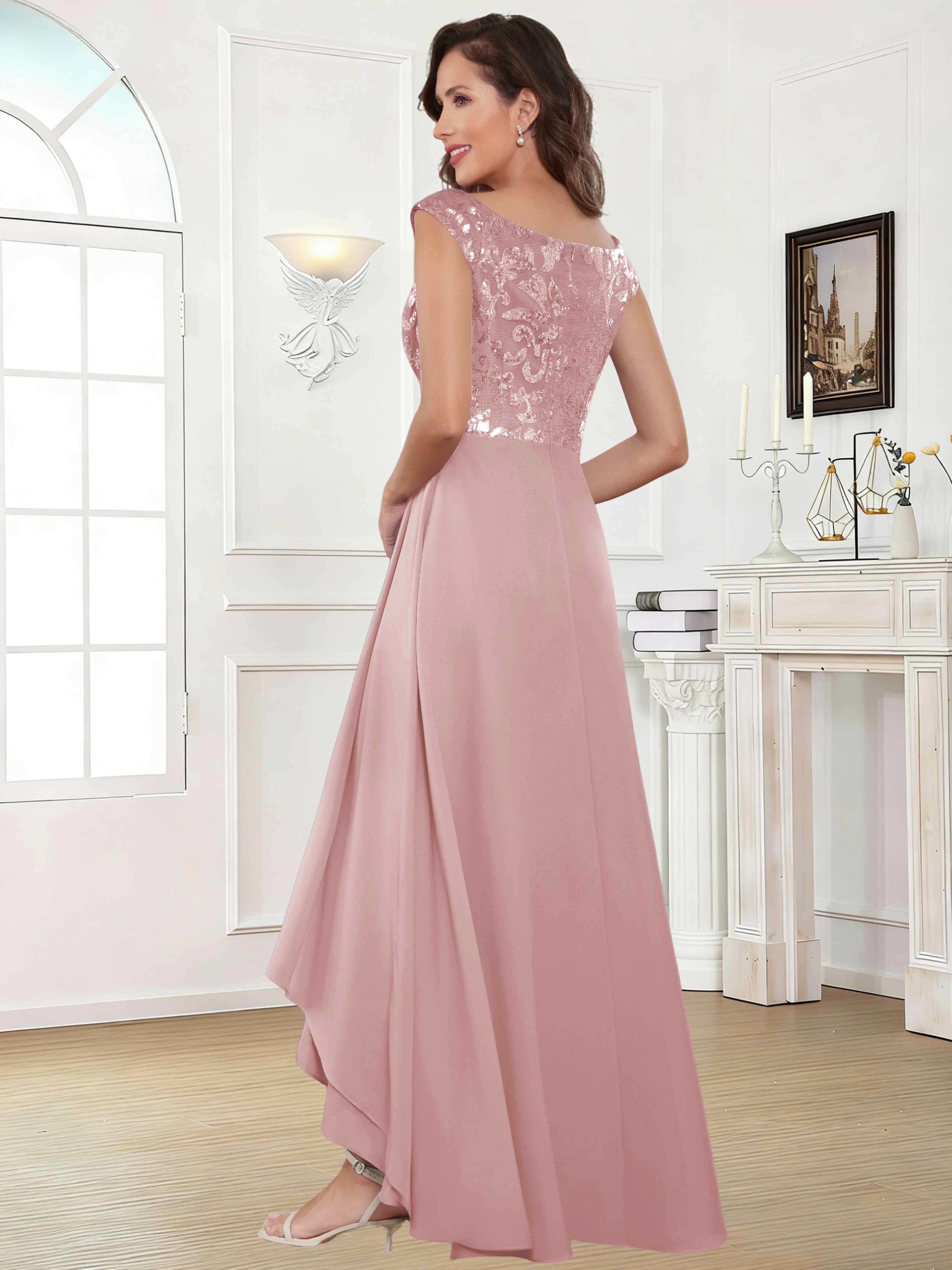 ROVDESY Tea Length Off-The-Shoulder Sequin Chiffon Mother Of The Bride Dress