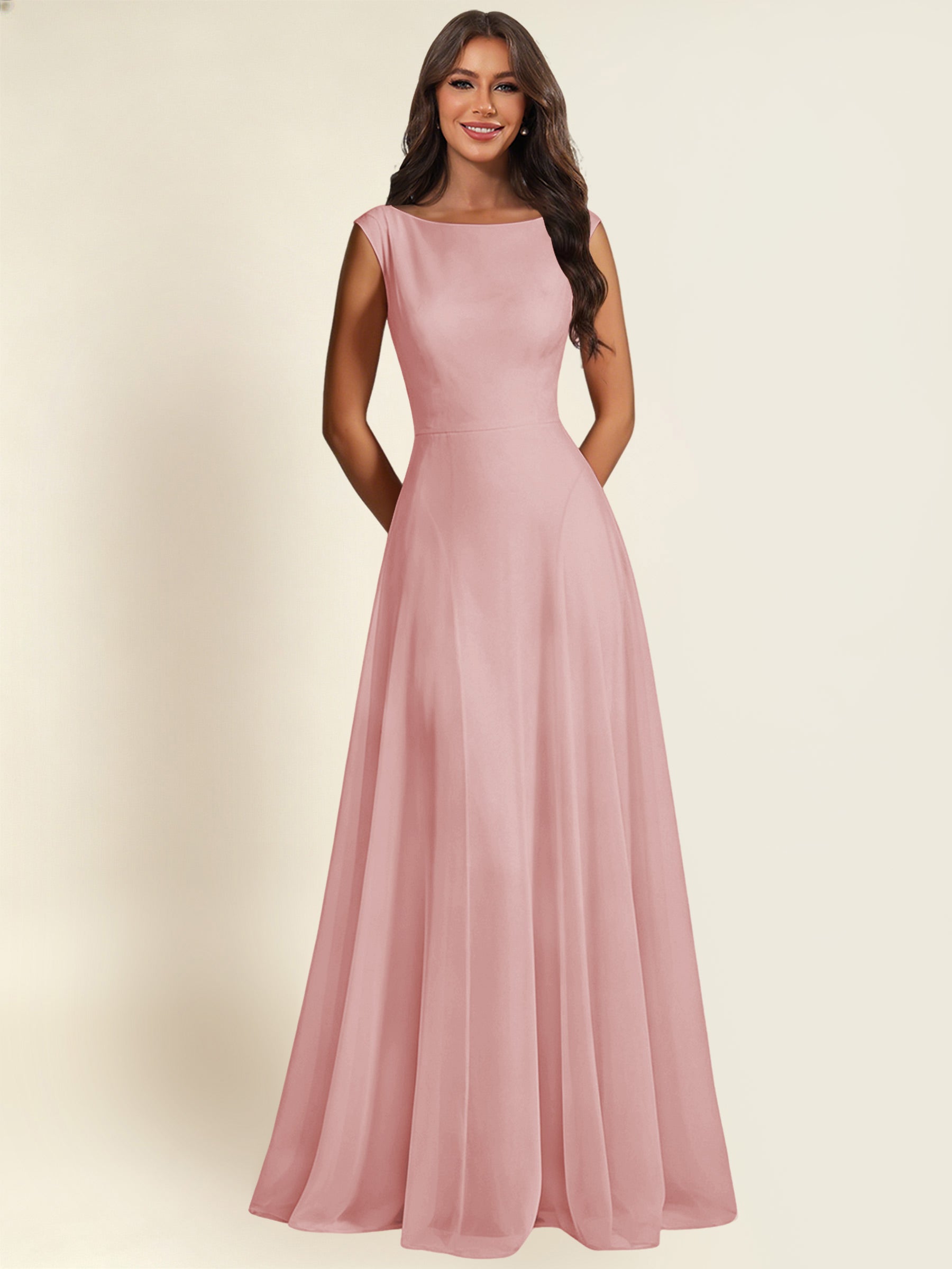 ROVDESY A-Line Chiffon Long Bridesmaid Dress With Sleeveless