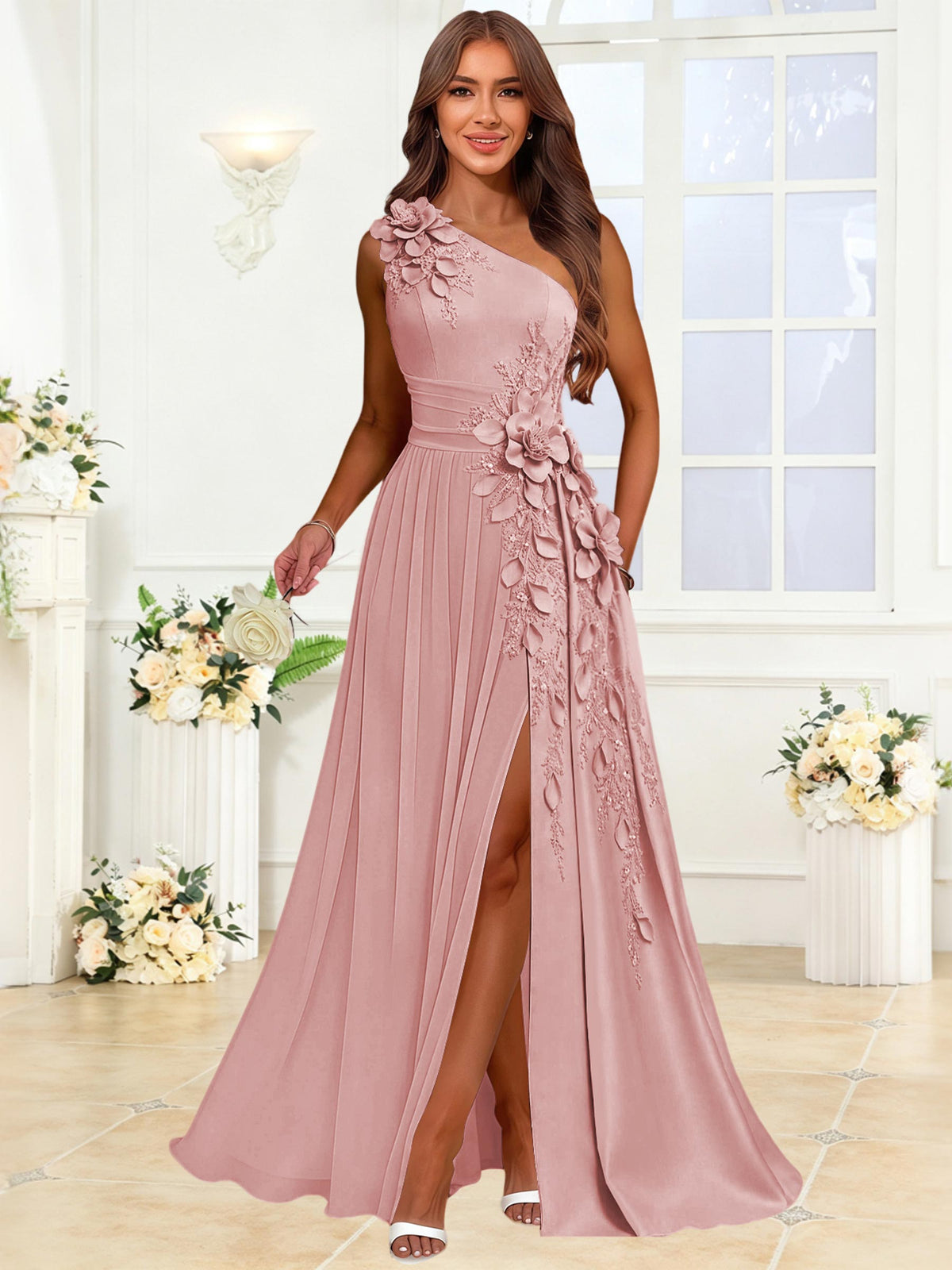One Shoulder 3D Flower Chiffon Bridesmaid Dress with Slit