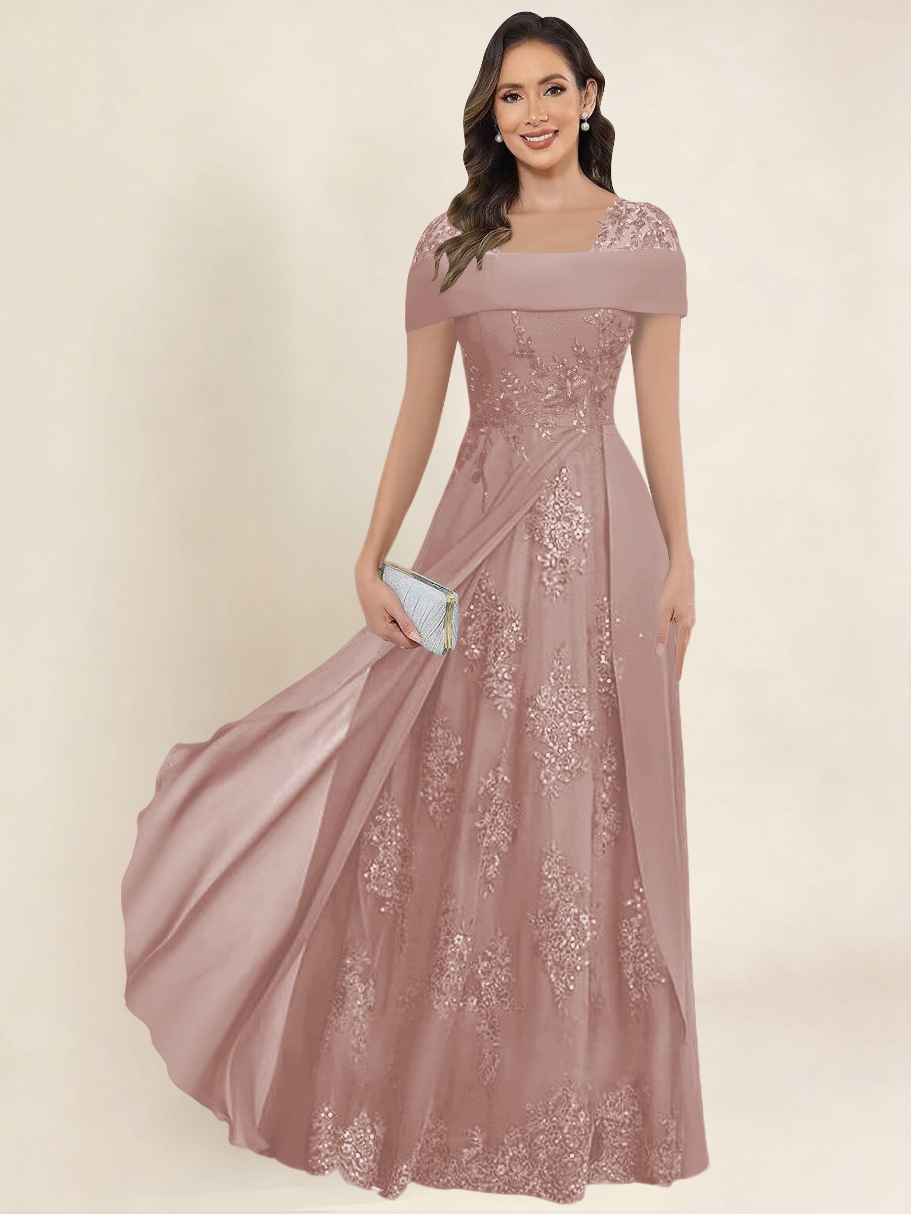 ROVDESY A-Line Off The Shoulder Lace Chiffon Long Mother of the Bride Dress Formal Gown