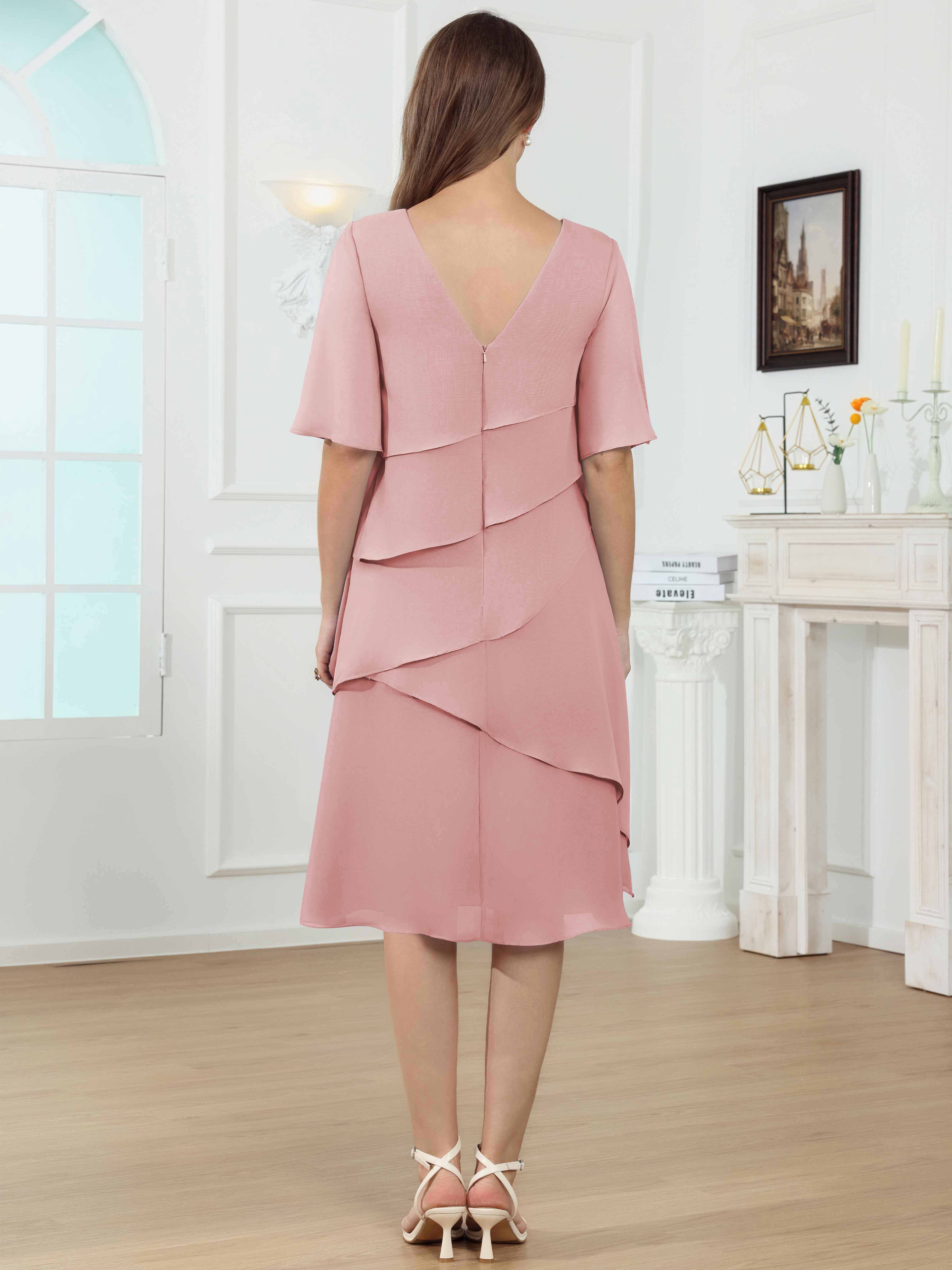 ROVDESY Knee Length Tiered Ruffle Chiffon Mother Of The Bride Dress With Half Sleeves