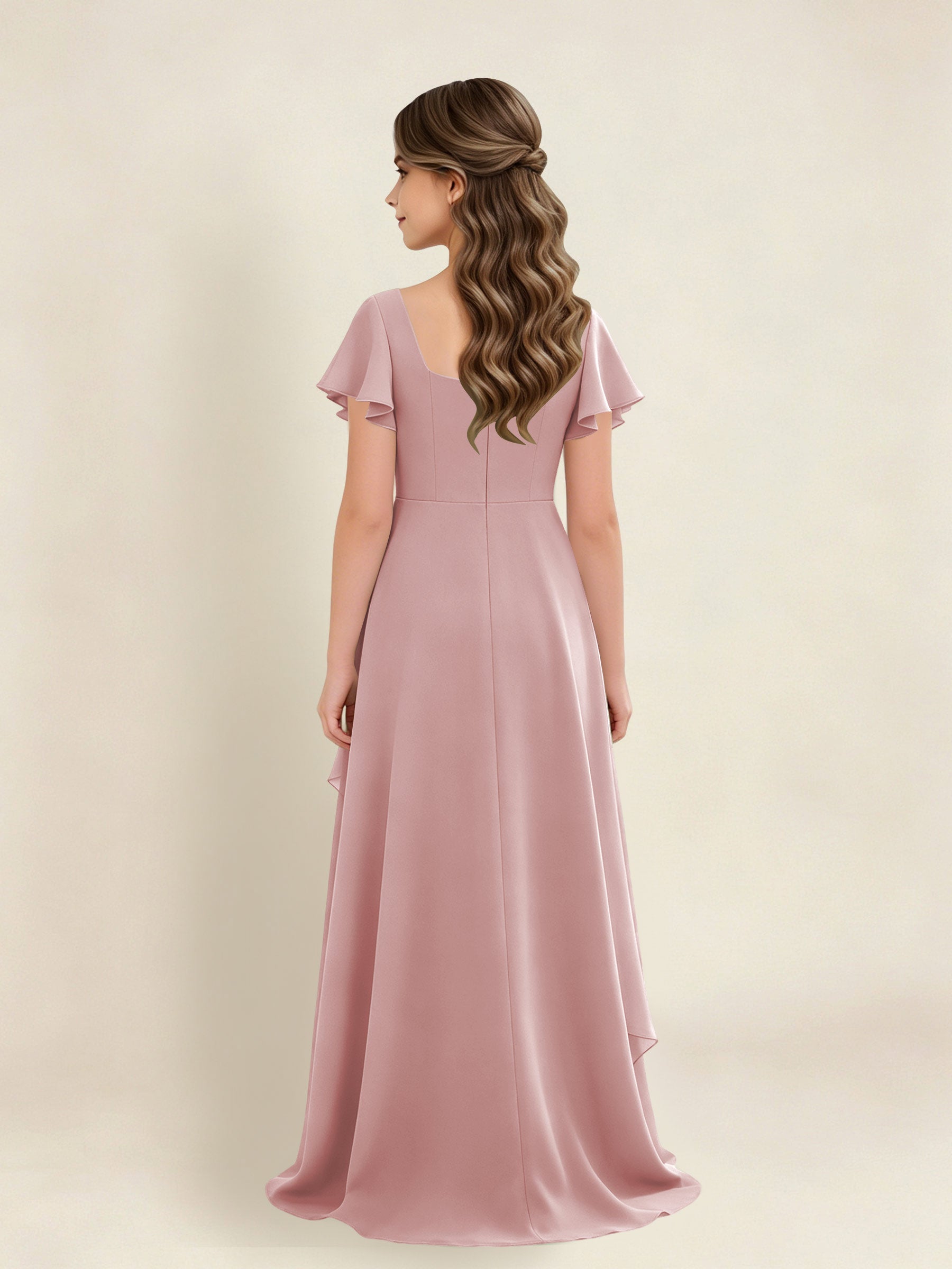 ROVDESY A-Line Square Neck Ruffle Chiffon Junior Bridesmaid Dress With Short Sleeves