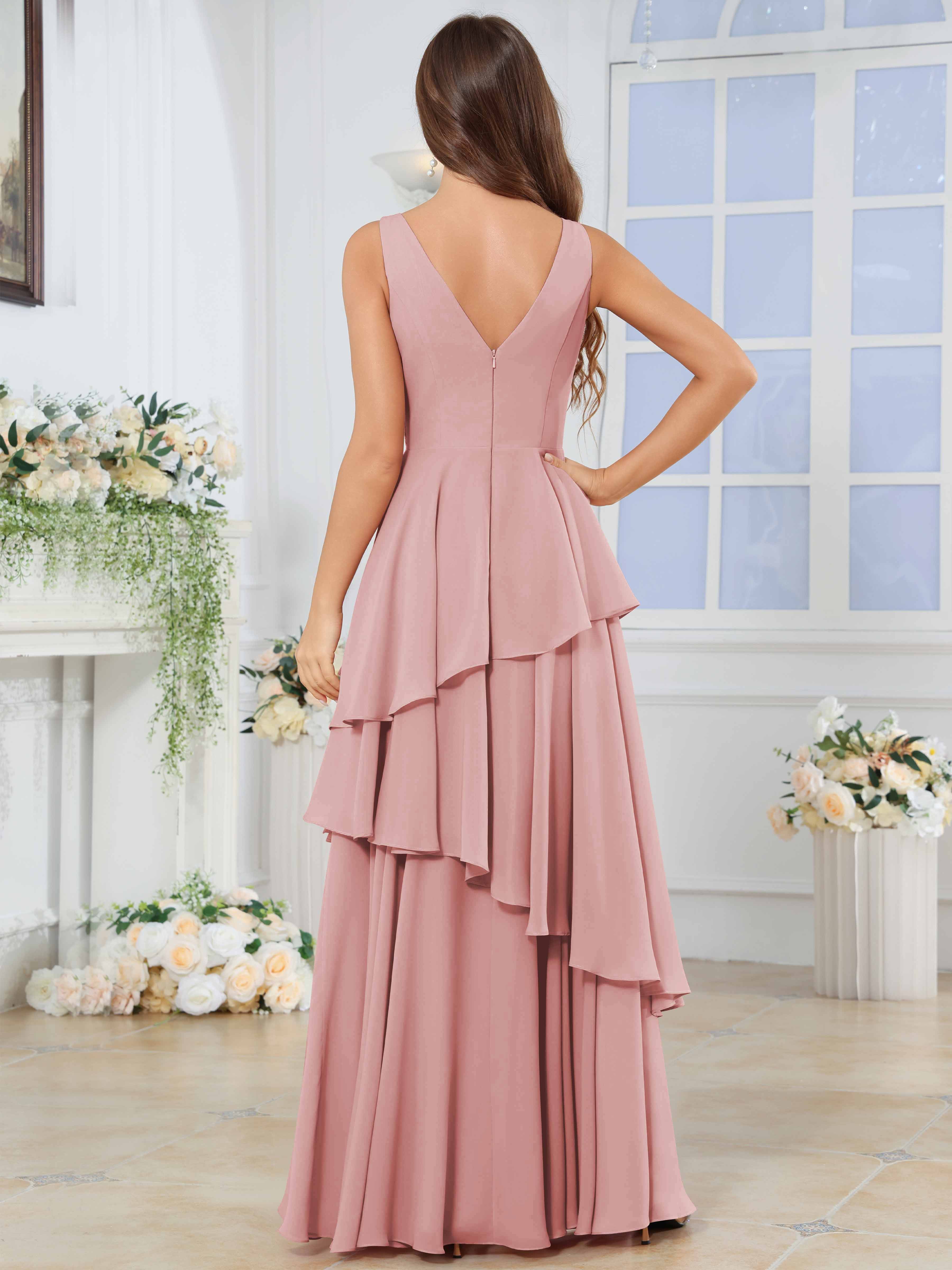 ROVDESY Long Sleeveless V-Neck Tiered Pleated Chiffon Bridesmaid Dress