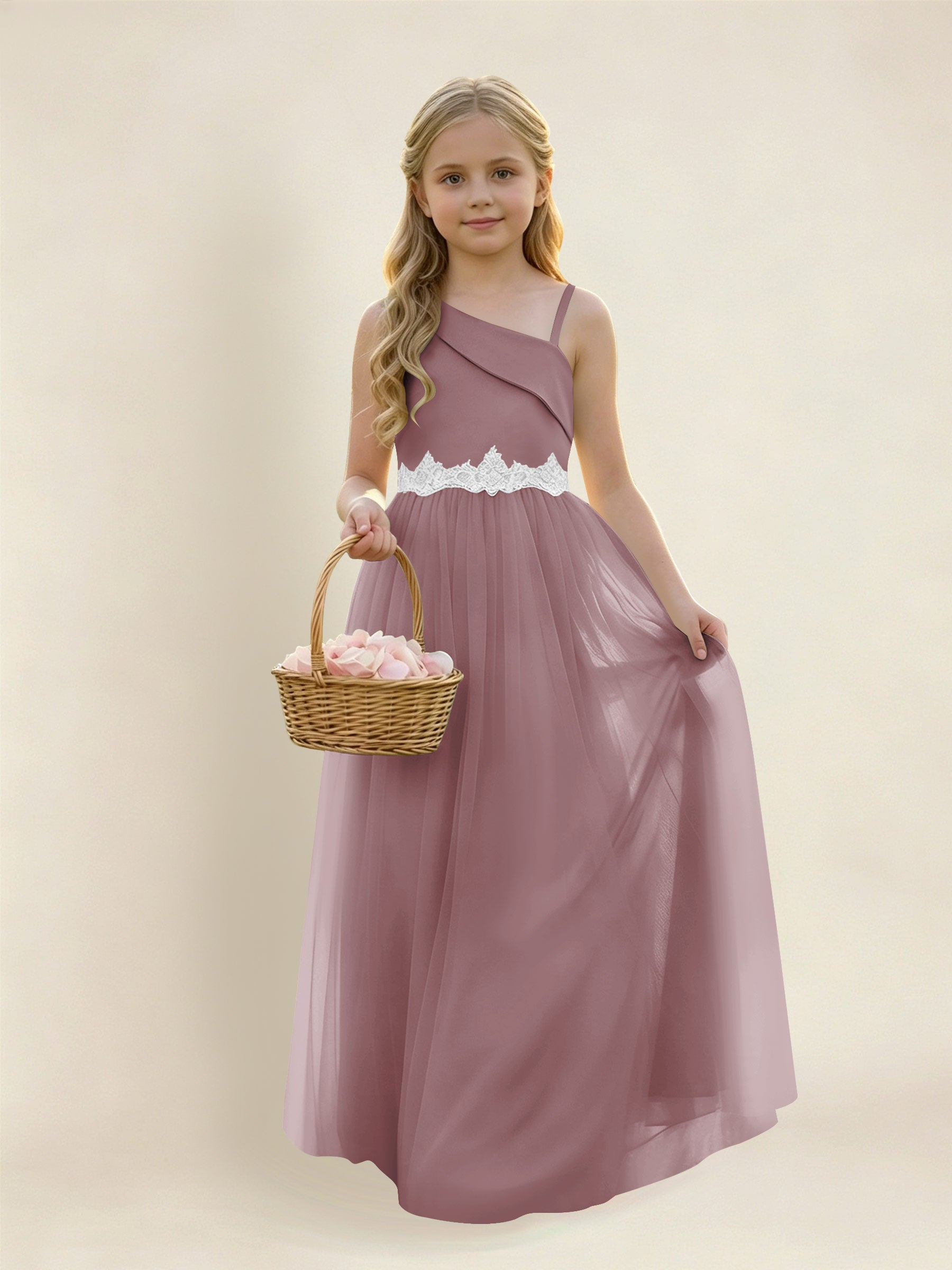 ROVDESY Asymmetric One Shoulder  Satin  Tulle Junior Bridesmaid Dress