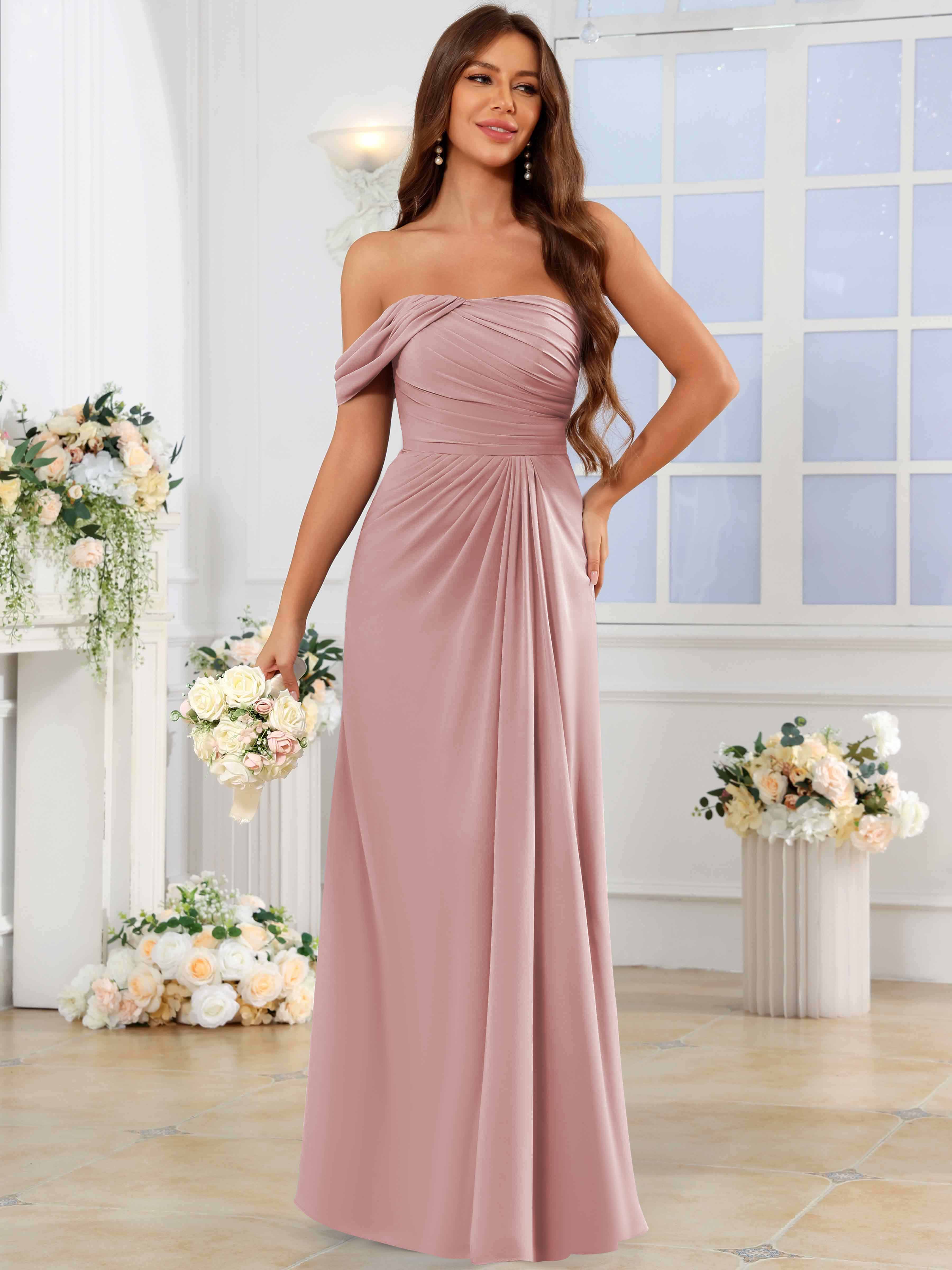 ROVDESY One Shoulder Off The Shoulder Pleated Chiffon Bridesmaid Dress
