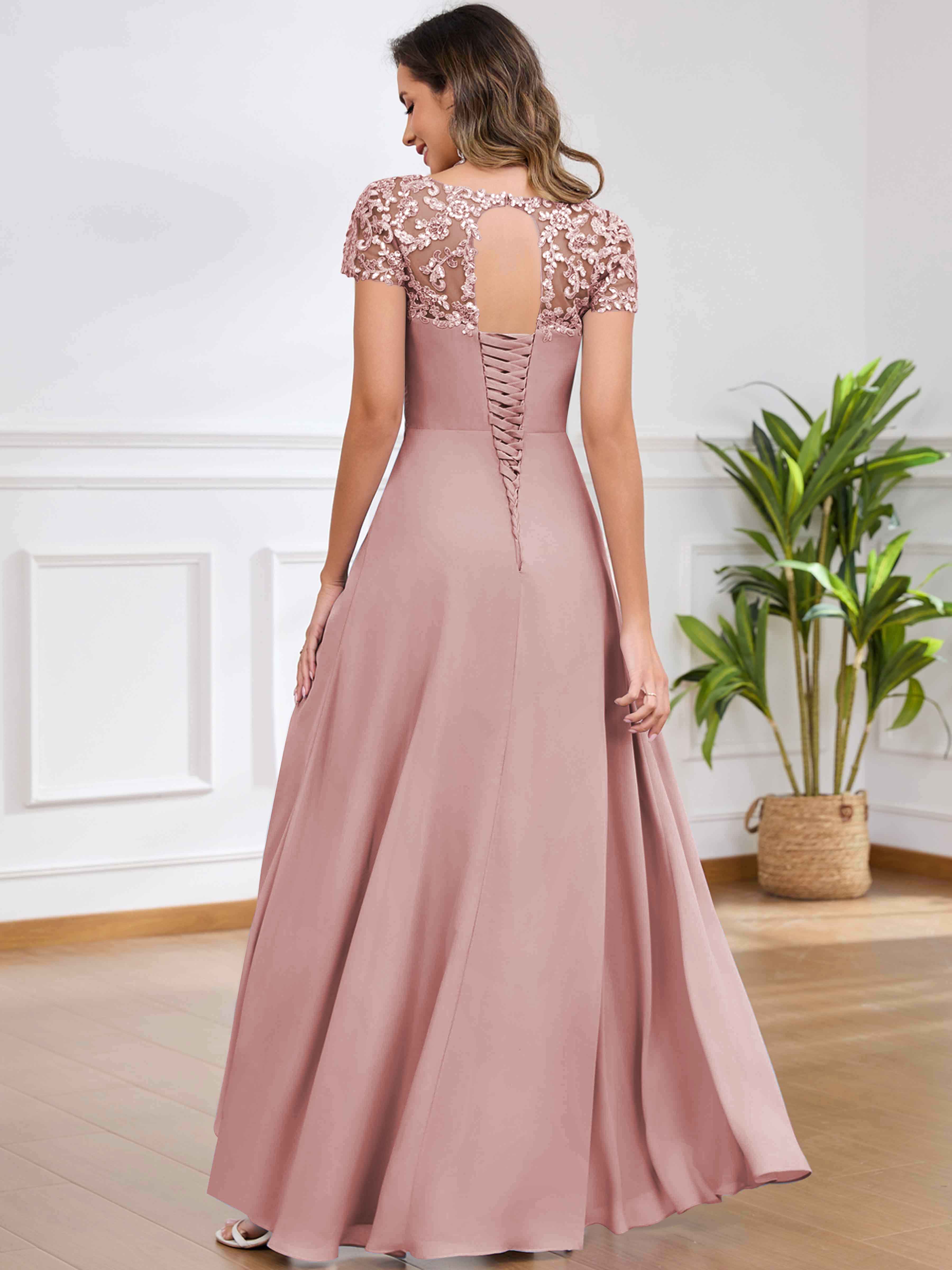 ROVDESY A-Line Pleated Lace Sequin Ruffle Chiffon Mother Of The Bride Dress With Slit