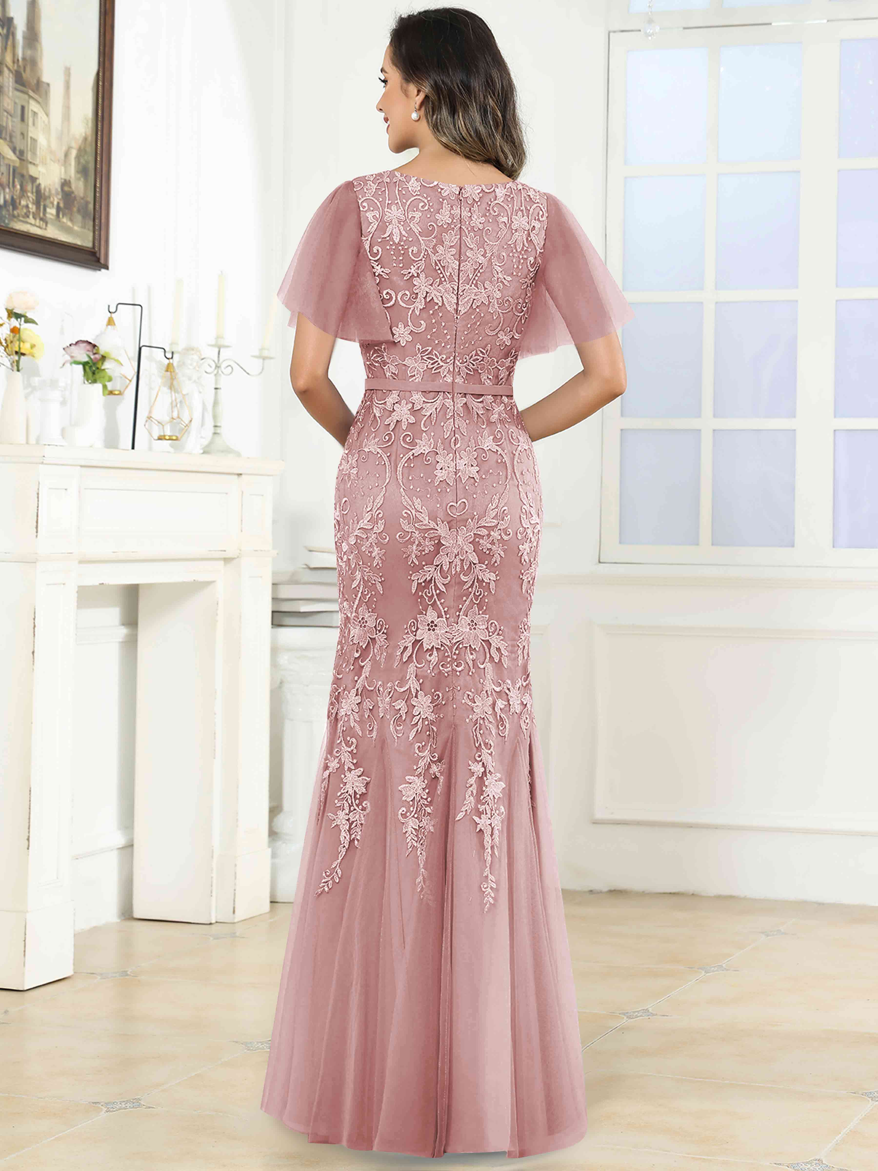 ROVDESY Elegant V-Neck Lace Mermaid Long Mother Of The Bride Dress Formal Gown With Sleeves