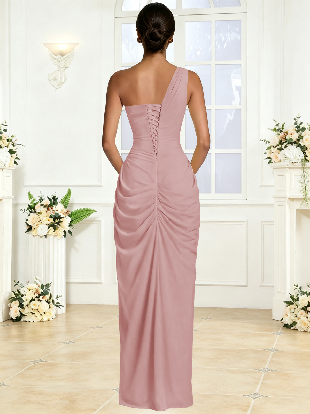 One Shoulder Chiffon Mermaid Long Bridesmaid Dress with Slit