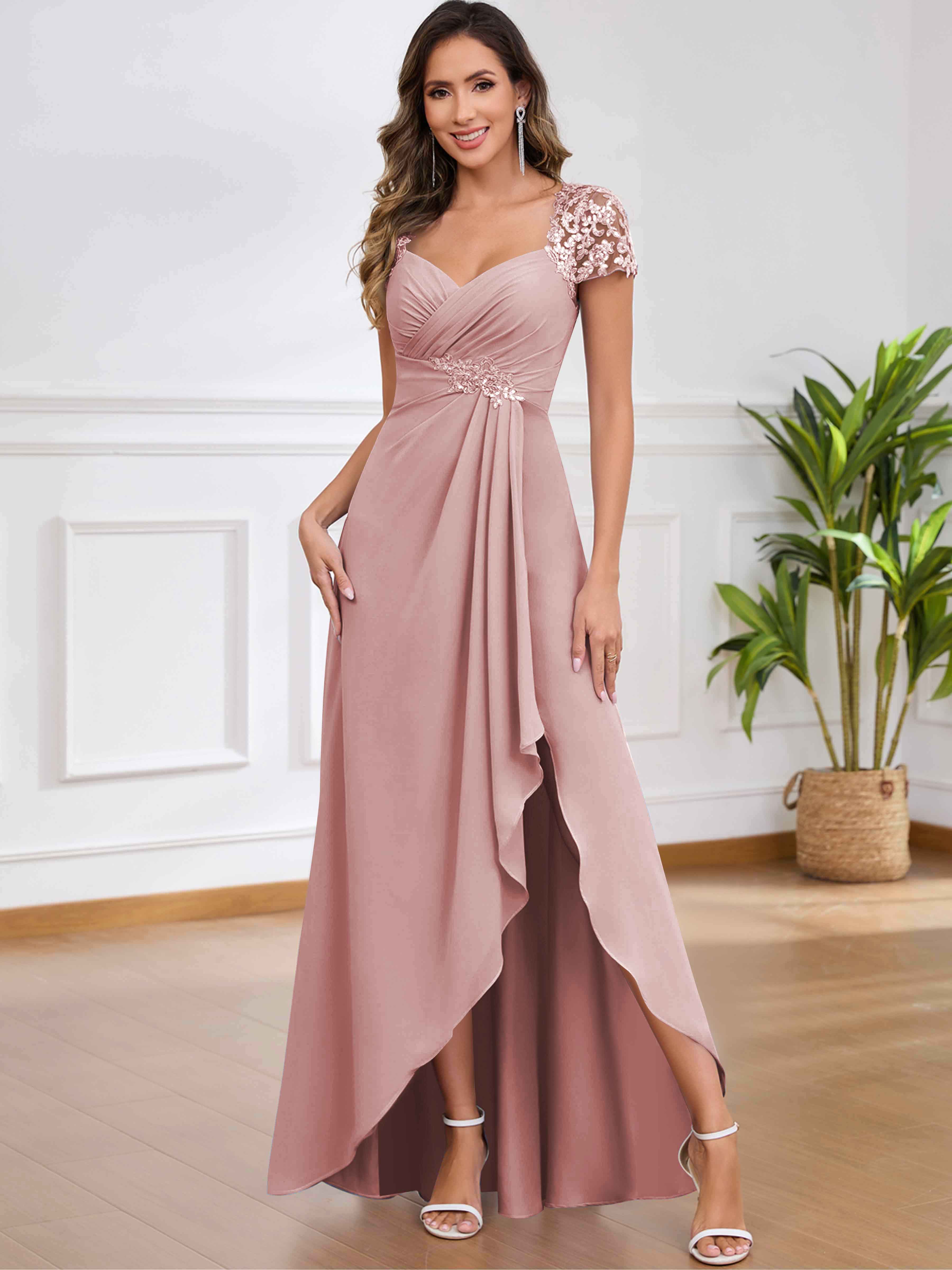 ROVDESY A-Line Pleated Lace Sequin Ruffle Chiffon Mother Of The Bride Dress With Slit