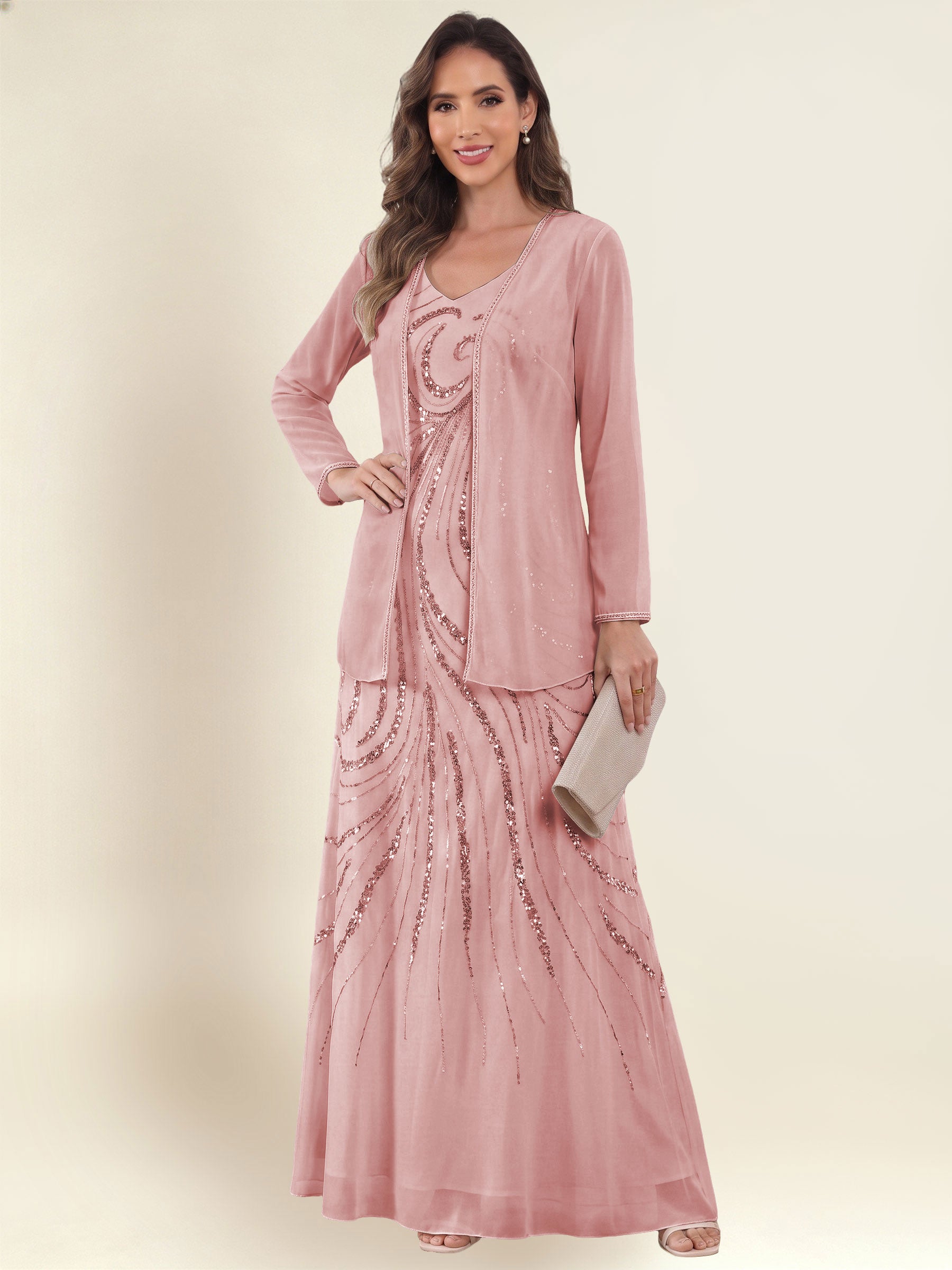 ROVDESY 2 Pieces V-Neck Sequin Chiffon Long Mother Of The Bride Dress With Long Sleeve Jacket