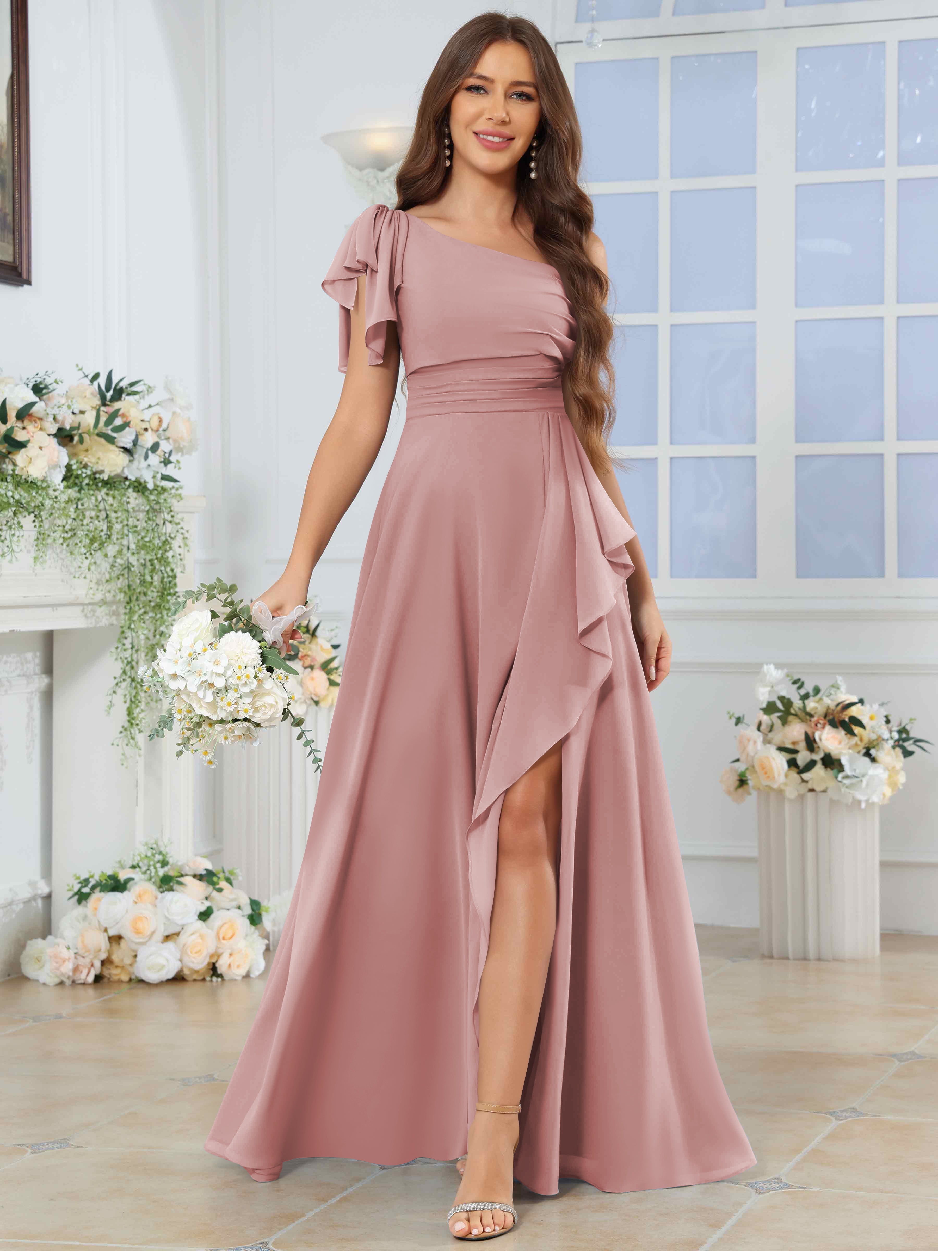 ROVDESY One Shoulder Pleated Ruffle Chiffon Bridesmaid Dress With Slit