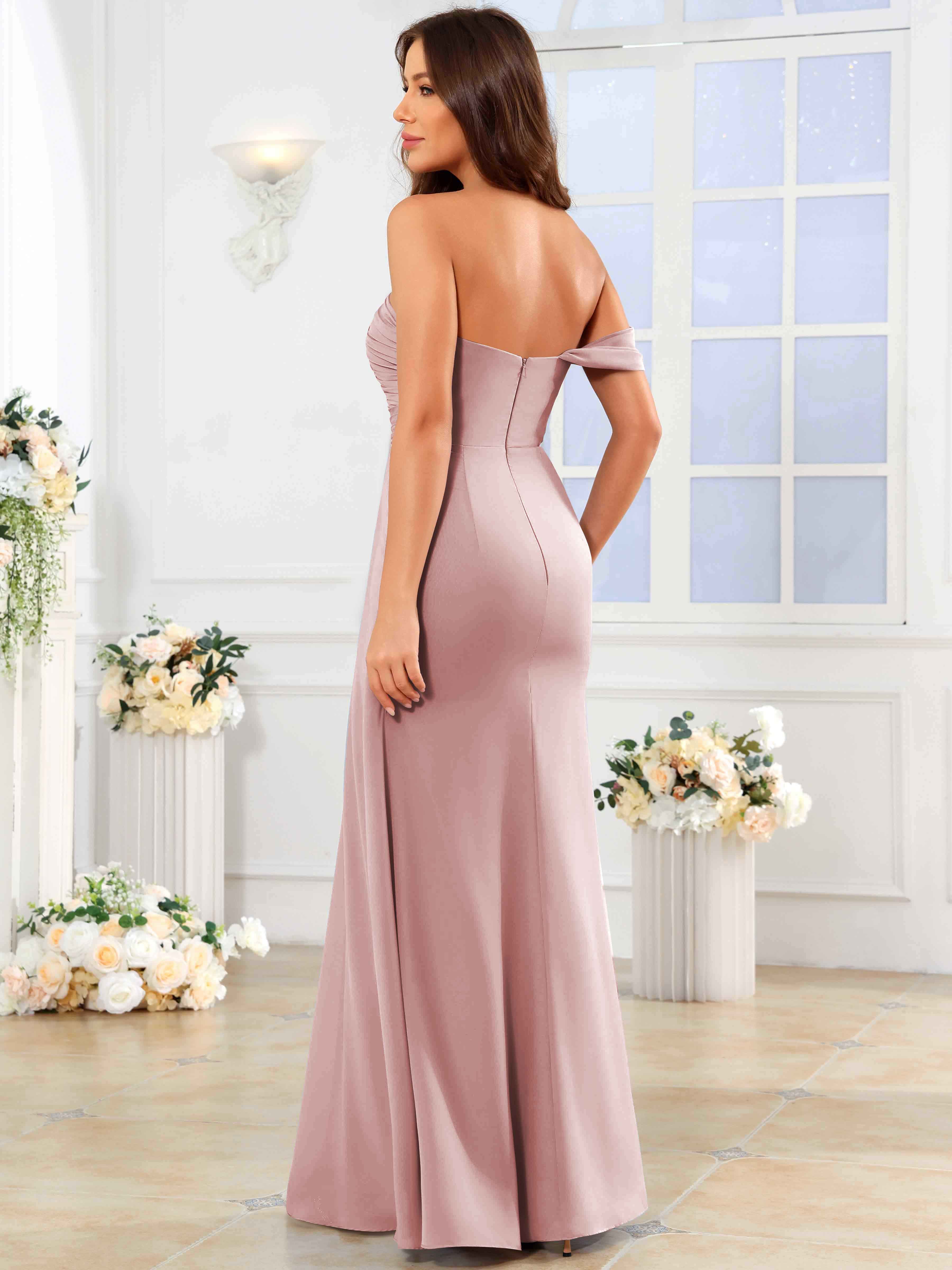 ROVDESY One Shoulder Off The Shoulder Pleated Chiffon Bridesmaid Dress