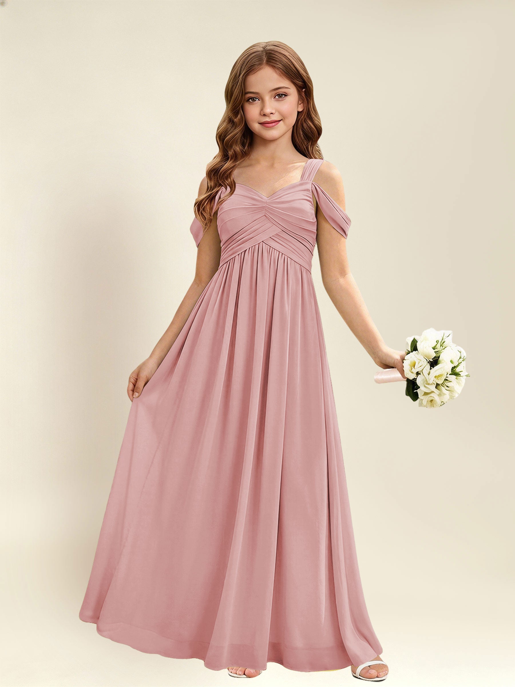 ROVDESY A-Line Off The Shoulder Pleated Chiffon Junior Bridesmaid Dress