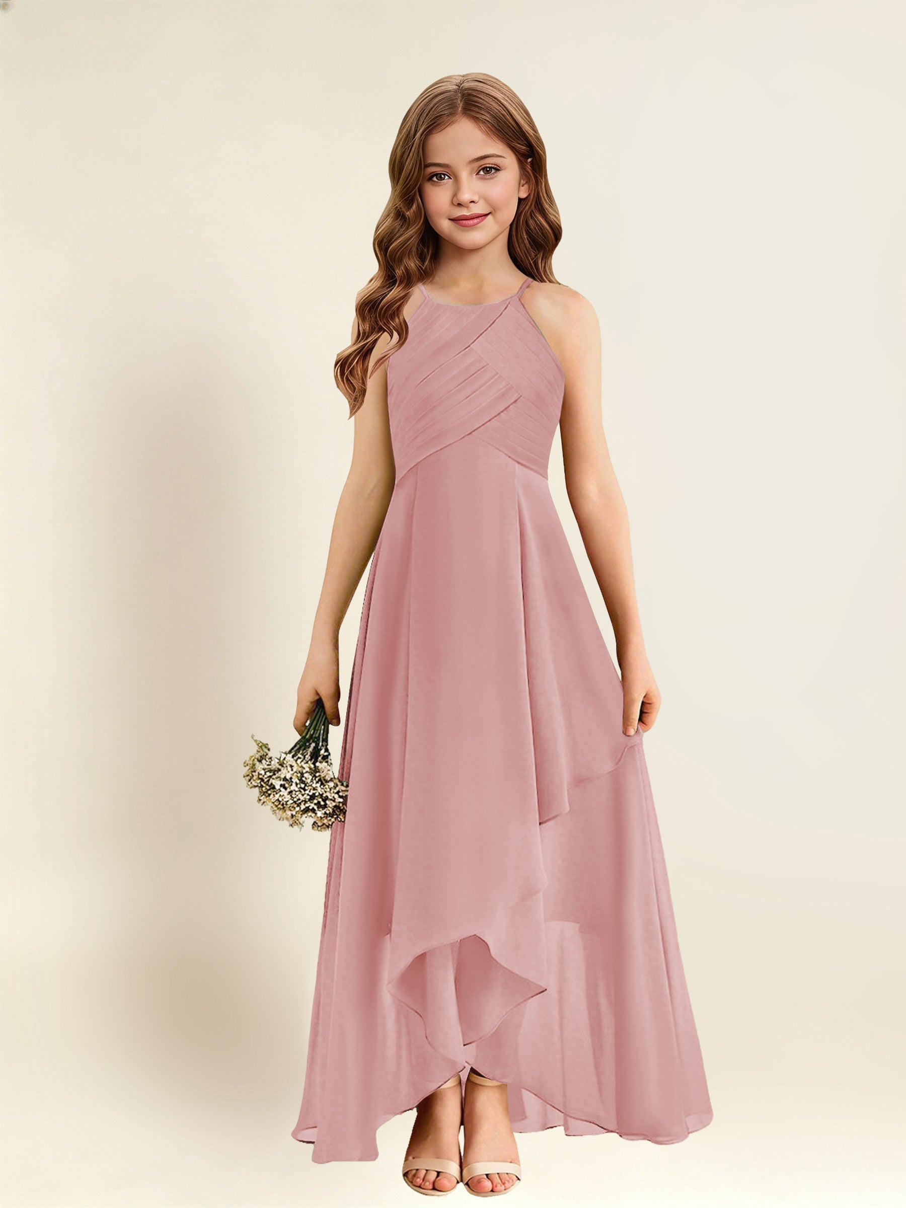 ROVDESY A-Line Halter Pleated Chiffon Junior Bridesmaid Dress