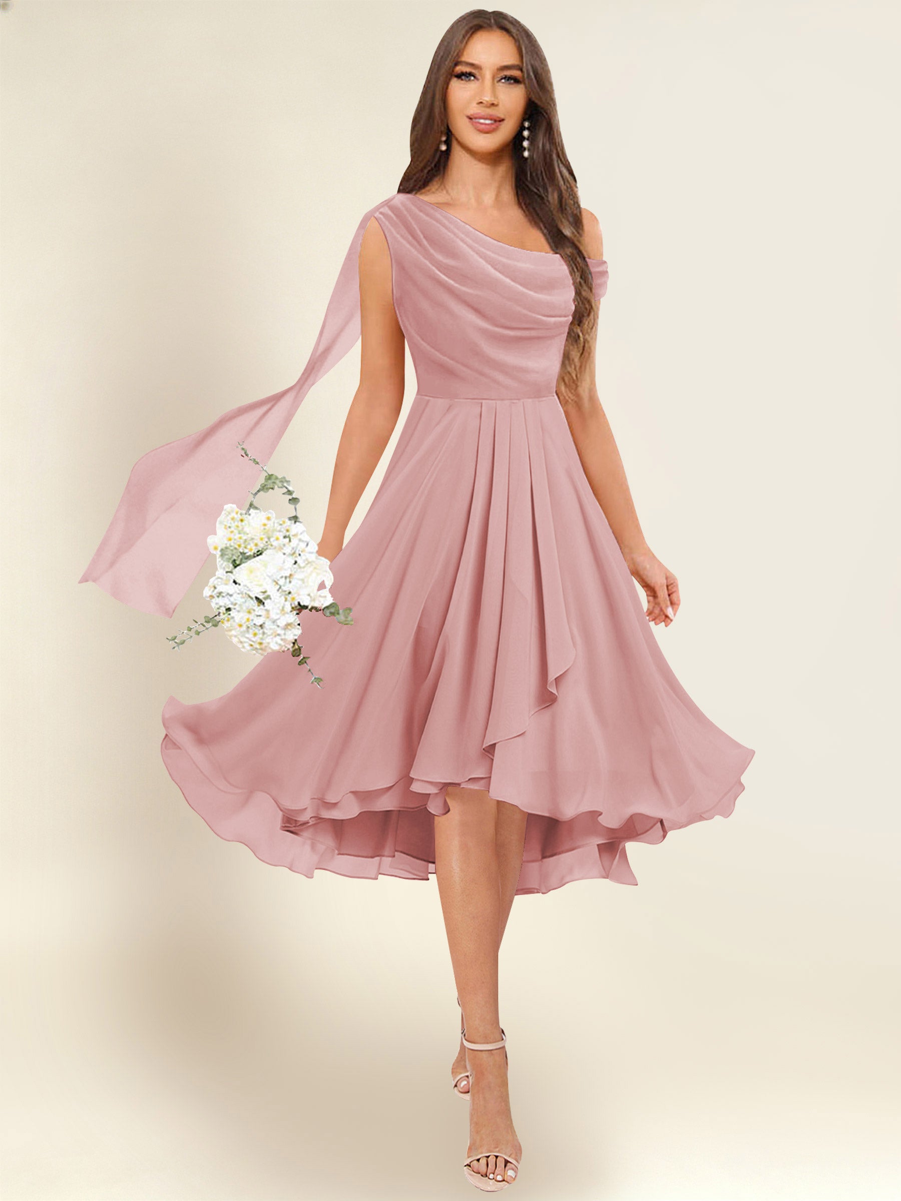 ROVDESY A-Line One Shoulder Pleated Chiffon Bridesmaid Dress With Flowing Sash